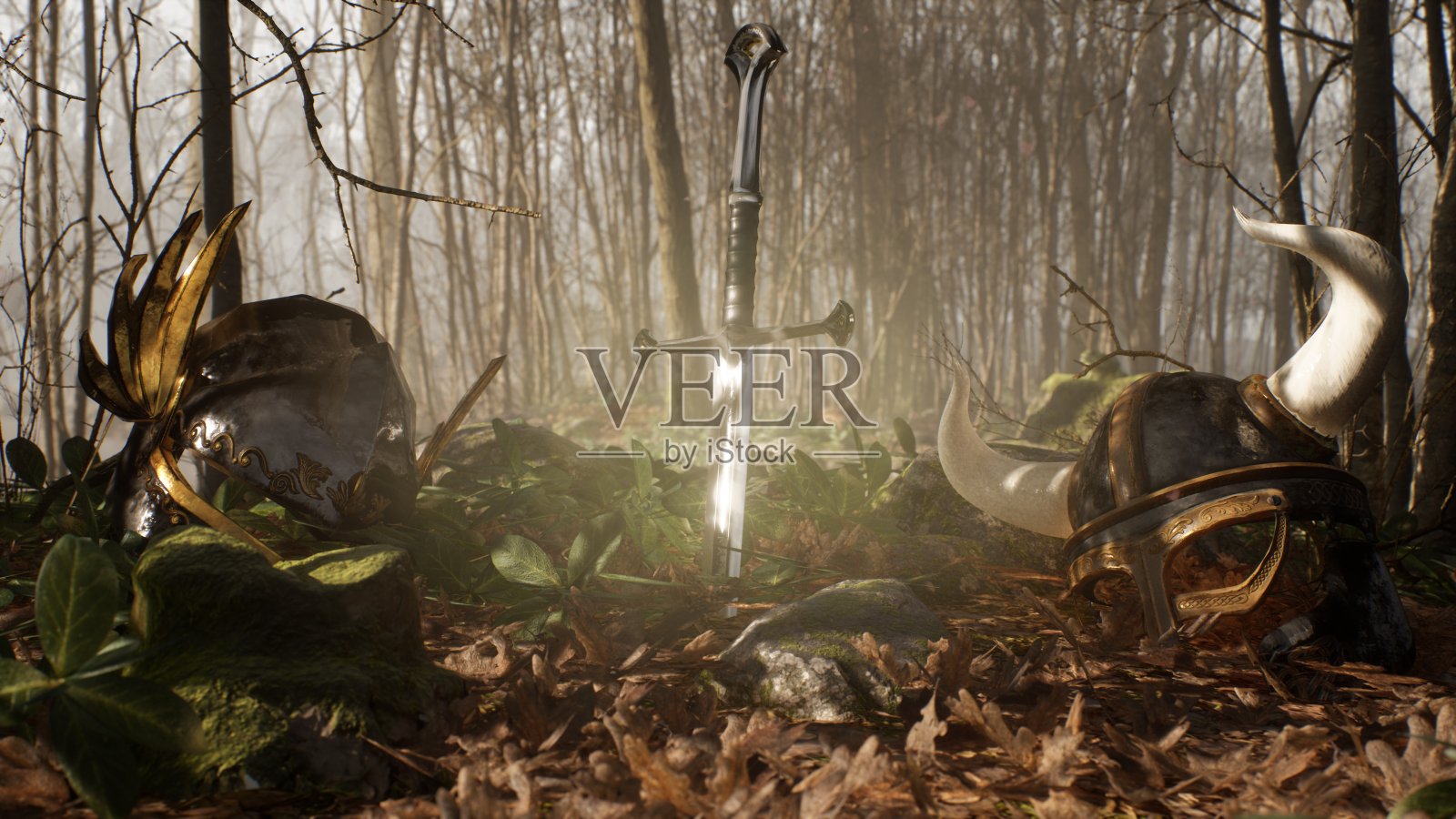一名中世纪骑士和一名维京人的头盔被放置在森林中心的最后一战遗址上，一把剑插在地上。3 d渲染。照片摄影图片