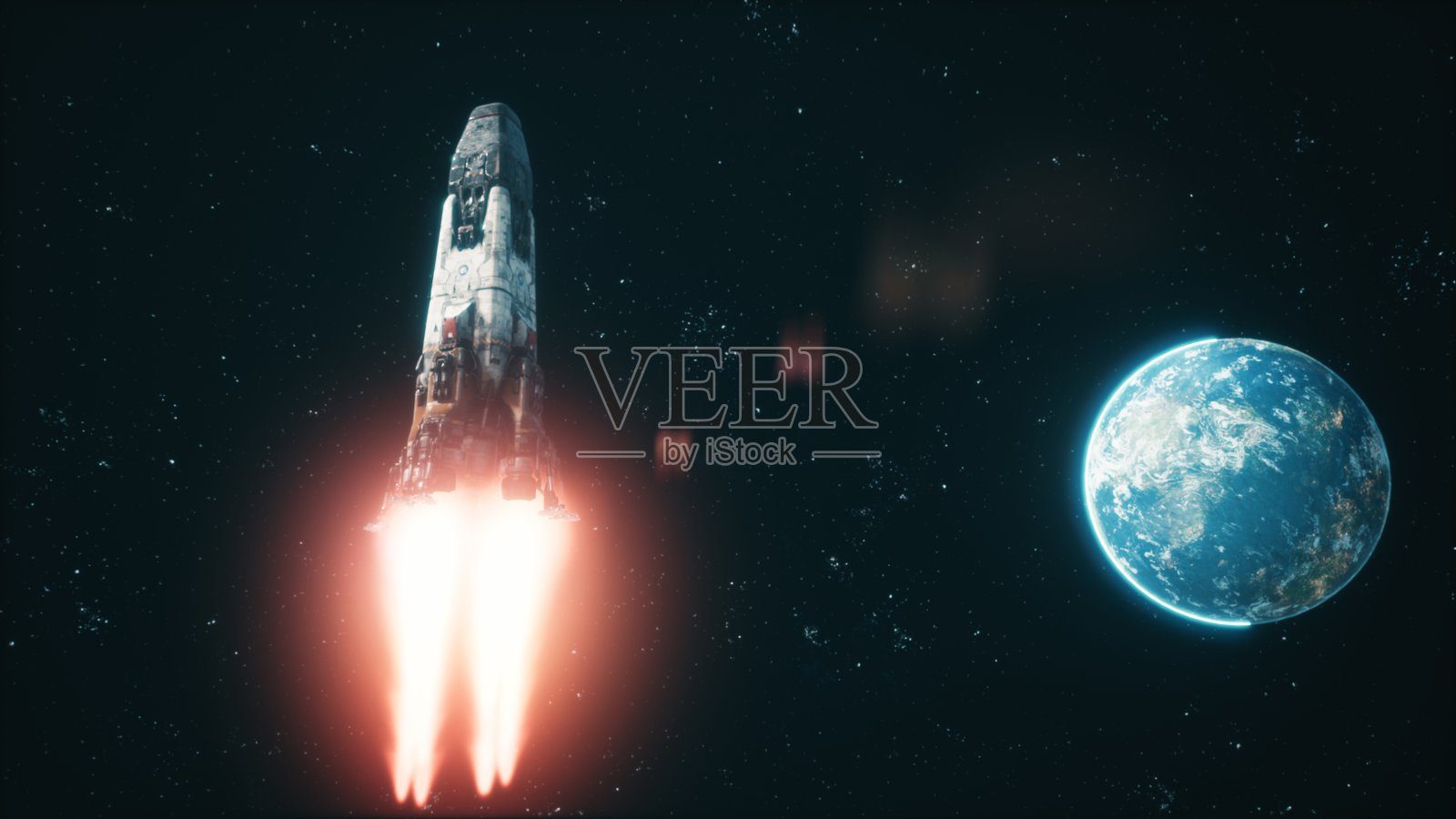 火箭降落在月球太空殖民地附近的月球上。太空火箭喷出火、废气和烟。这个图像是虚构的，未来主义或太空旅行的背景。3 d渲染。照片摄影图片