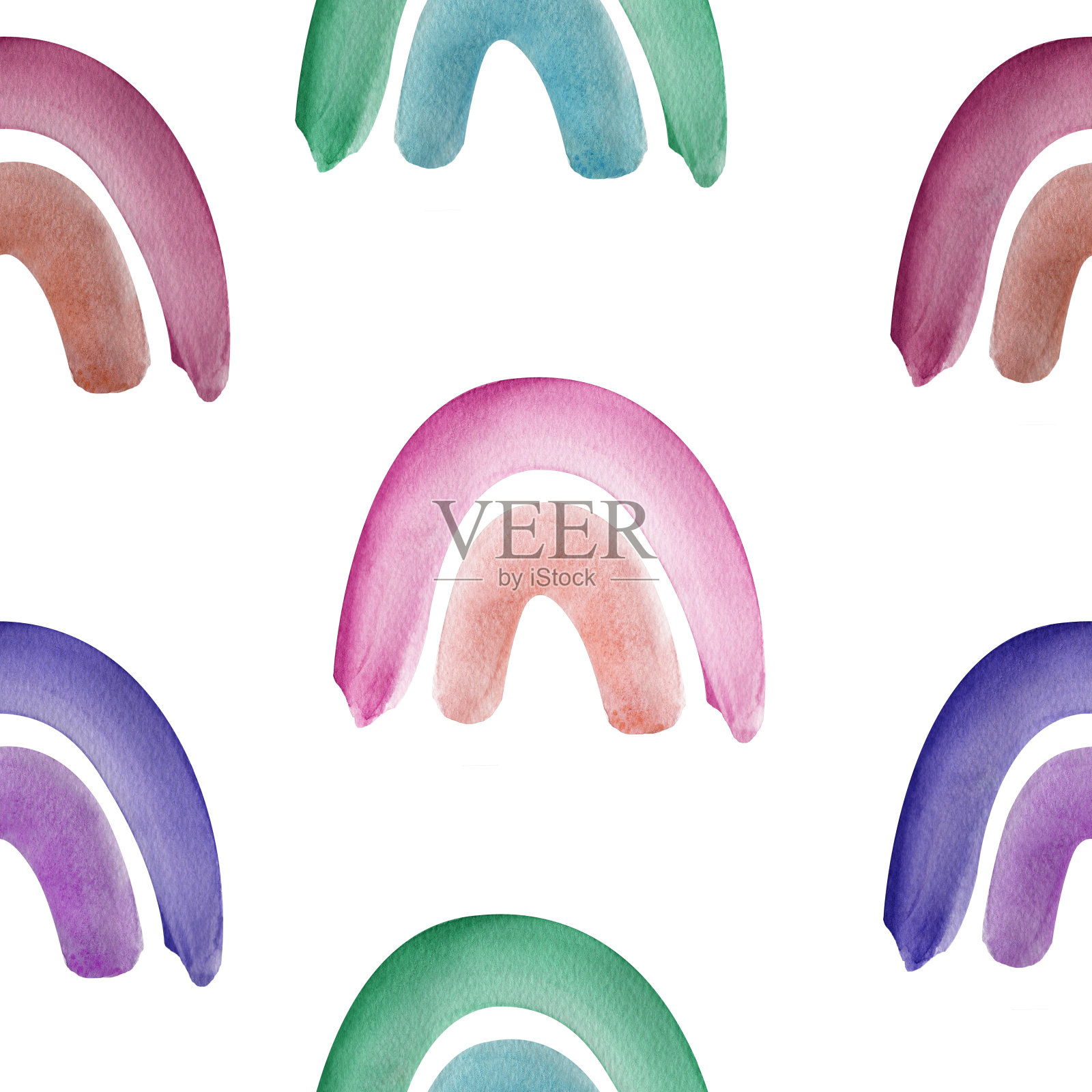 雨后彩虹采用蓝紫色系水彩无缝图案。插画图片素材