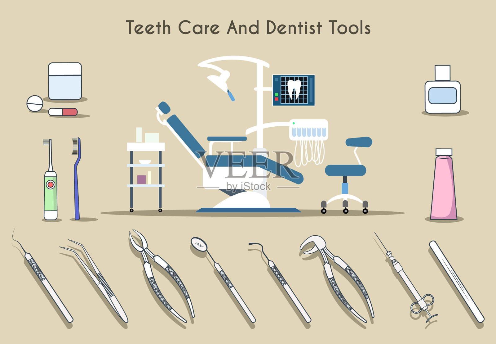 牙齿护理和牙医工具插画图片素材