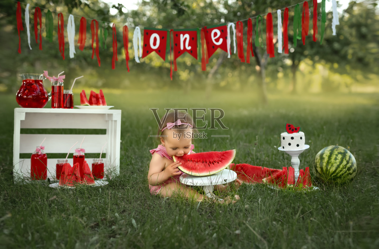 在自然界中用蛋糕和西瓜庆祝孩子的一岁生日。照片摄影图片