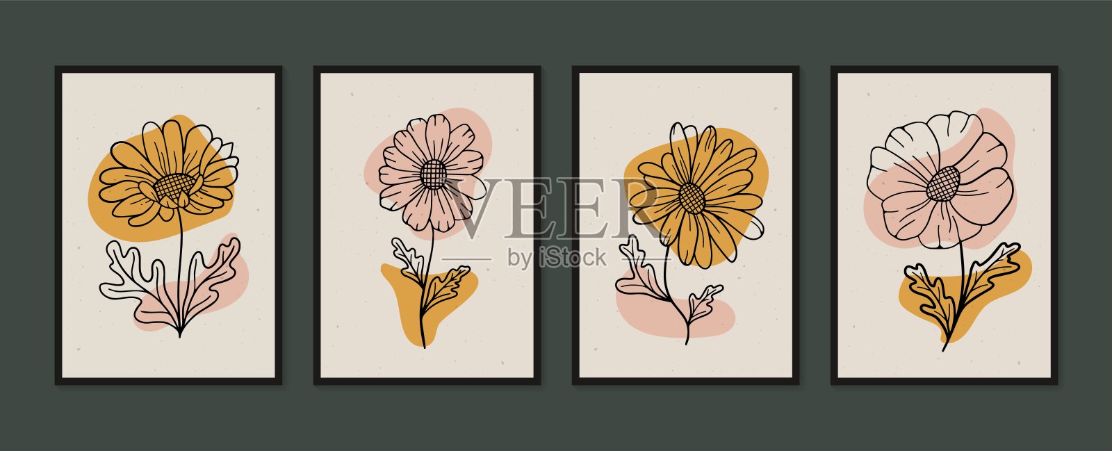 雏菊手绘图形集。简约自然的墙壁艺术。波荷叶线艺术绘画的抽象形状。植物艺术设计版画、墙纸、封面。现代向量插图。插画图片素材