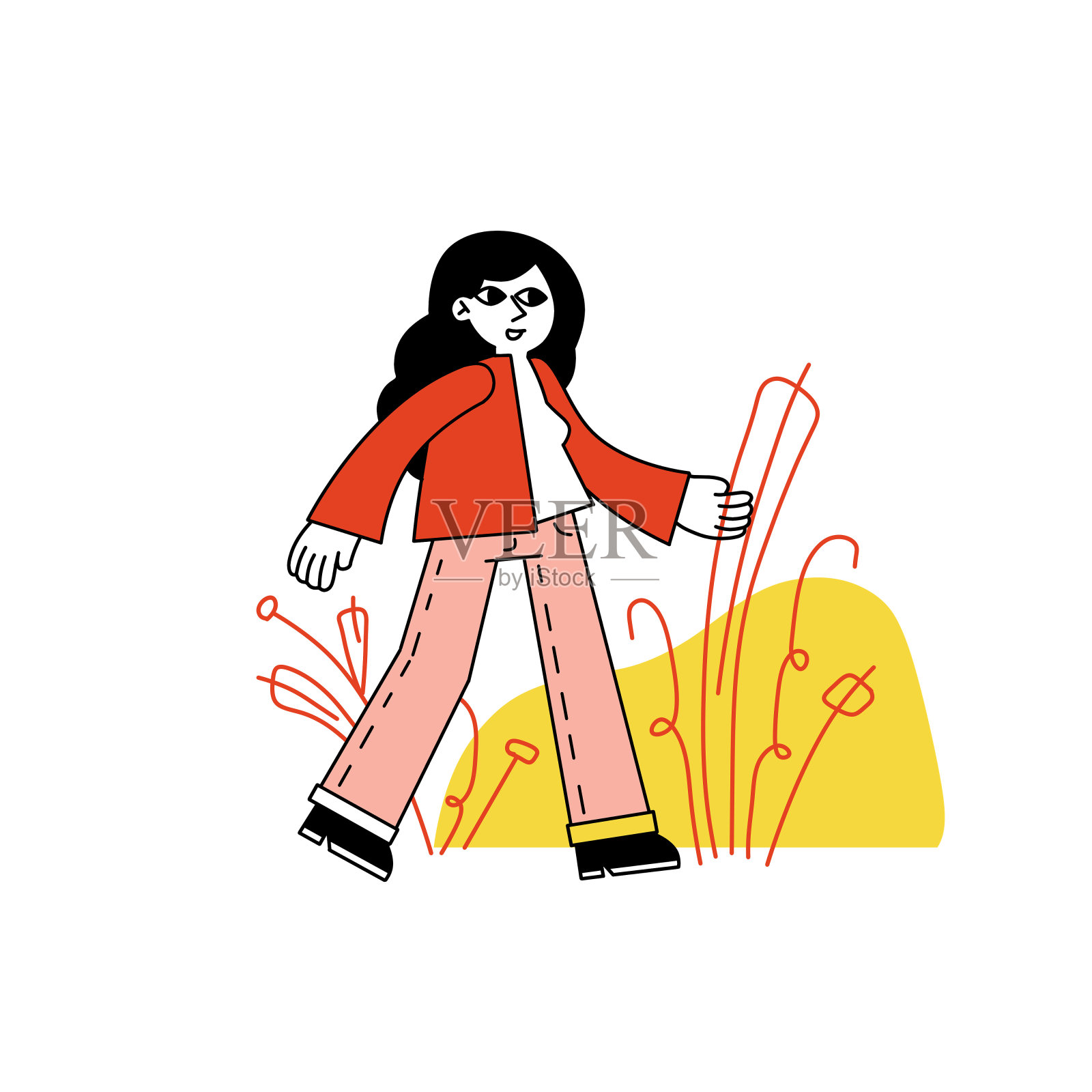 女人的夹克。女性人物漫步在抽象的公园里。穿着秋装的女孩在搬家。时髦的轮廓现代插图孤立在白色插画图片素材