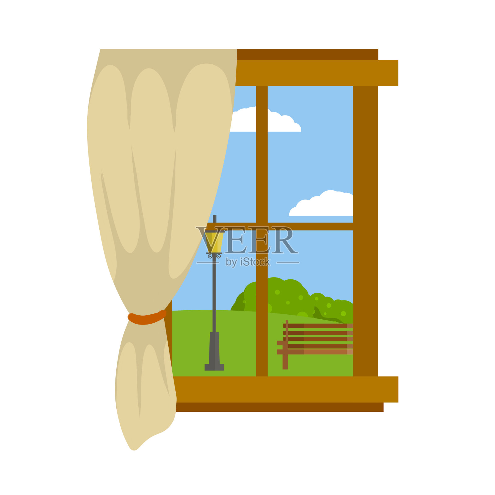 带窗帘的木窗。美丽的景色。绿色公园与长凳。设计元素图片