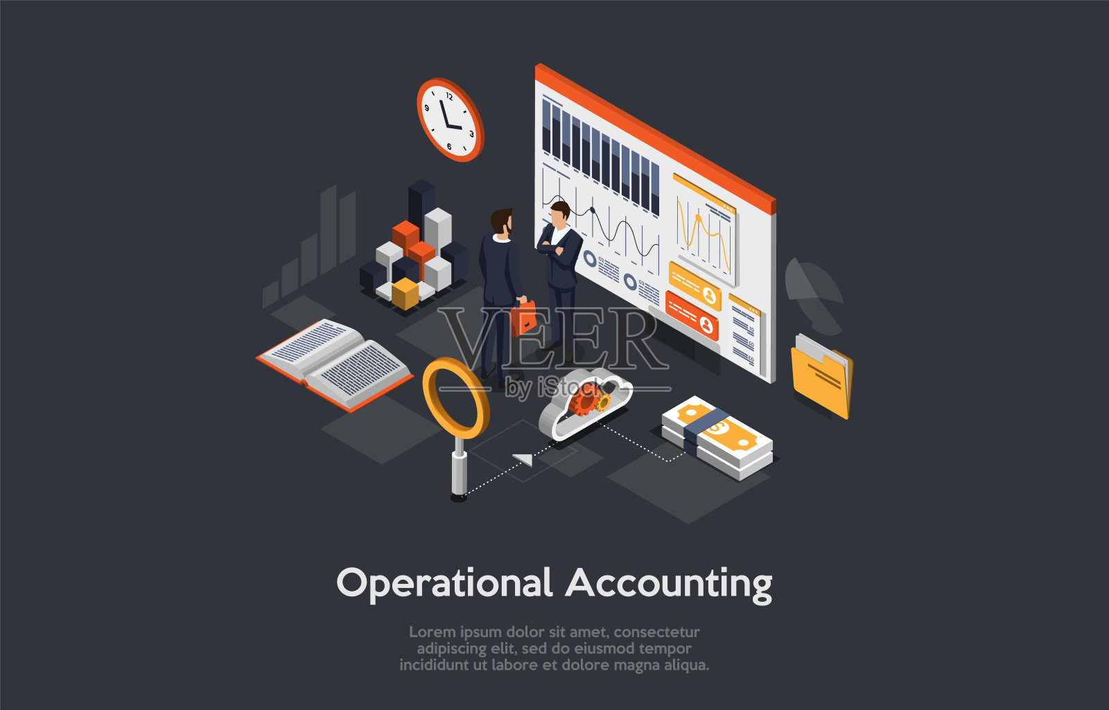 3d合成，矢量等距艺术。卡通风格。操作会计的想法。元素和作品。两个商人的地位。信息图对象。业务策略讨论，工作流程插画图片素材