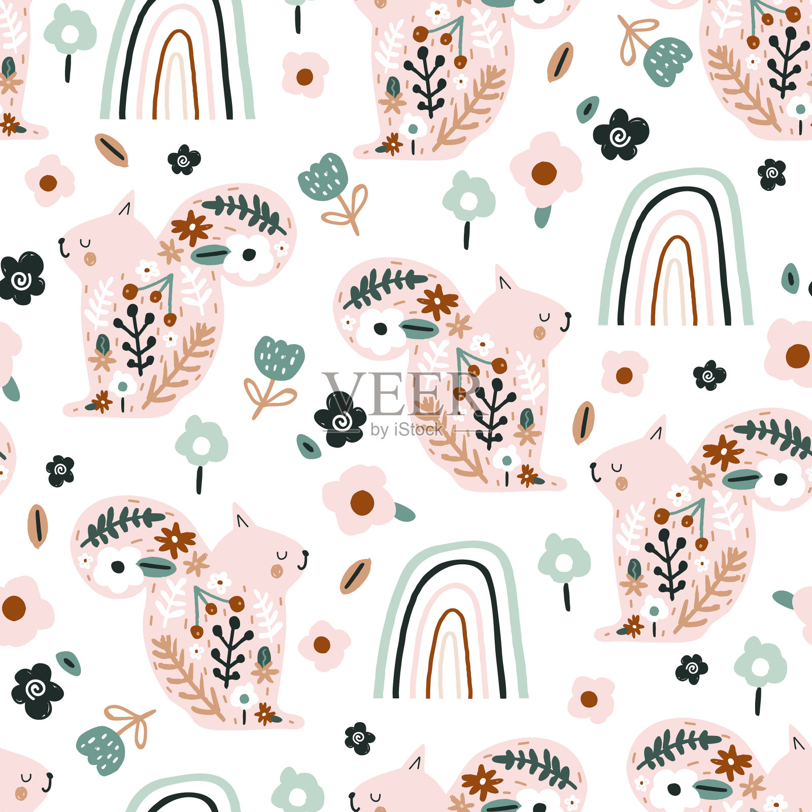 无缝图案与花松鼠彩虹插画图片素材