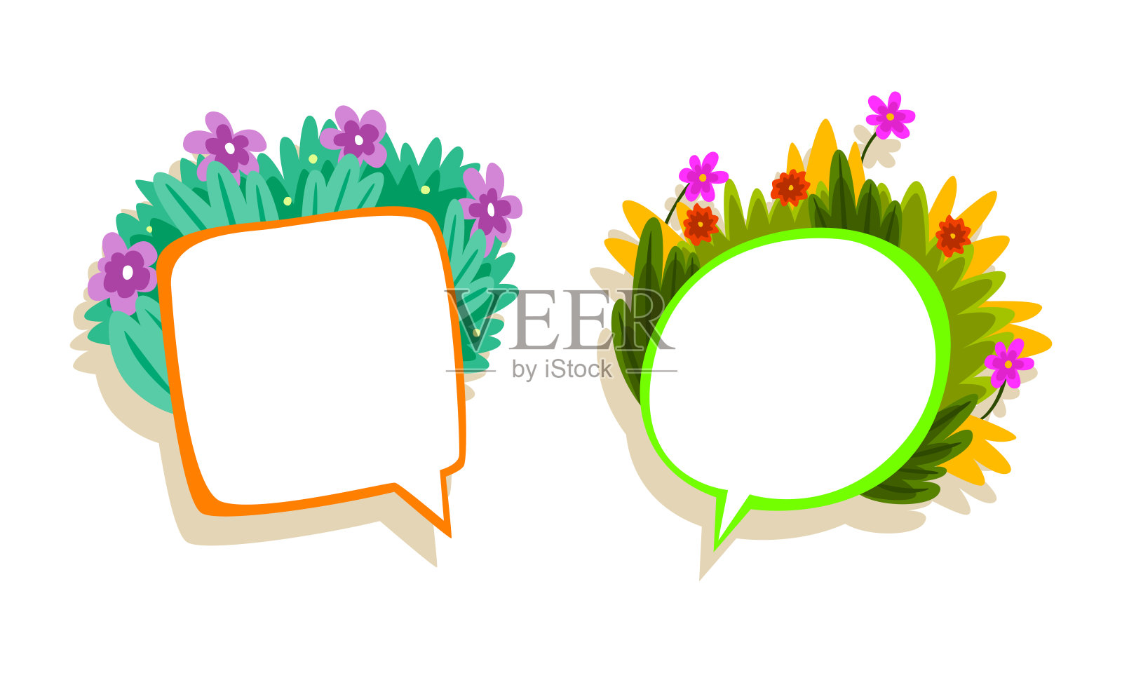 可爱的演讲气泡装饰花集，花卉空白思想气泡模板矢量插图插画图片素材