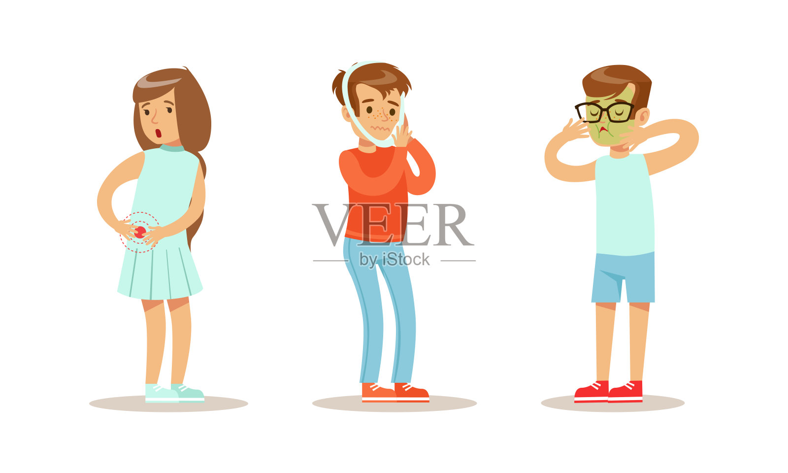 生病的儿童遭受不同的症状设置，男孩和女孩有恶心，牙痛，腹痛卡通矢量插图插画图片素材