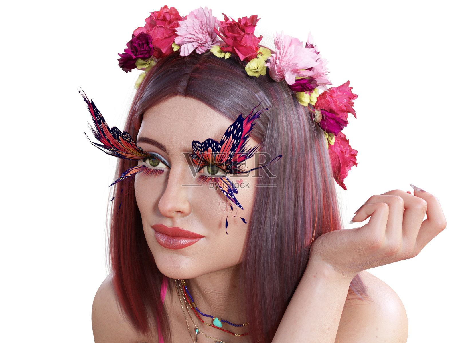 美丽的女人与蝴蝶睫毛时尚3d插图孤立在白色的背景照片摄影图片
