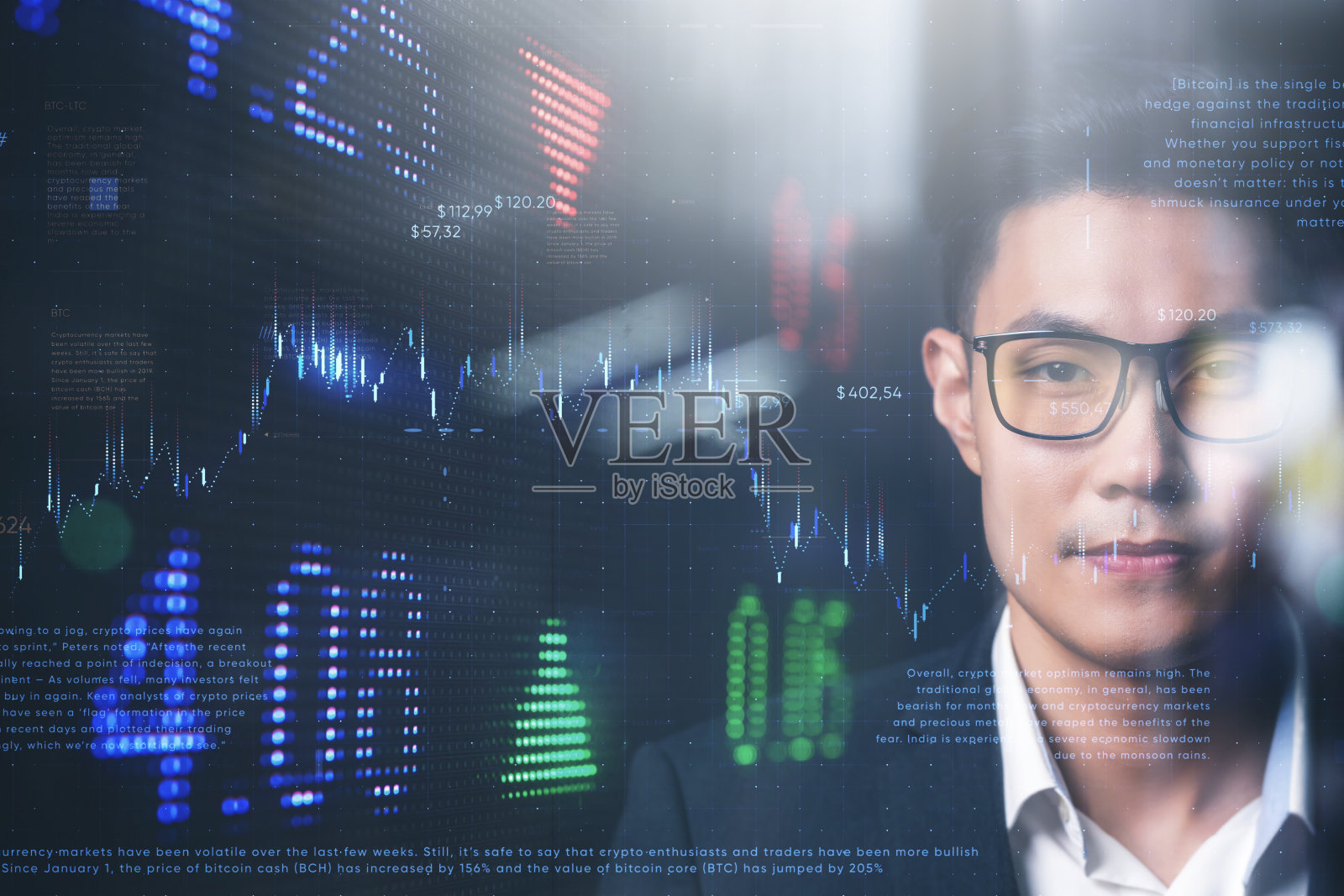 企业财务投资DeFi分散区块链概念，亚洲商人投资者面临近距离股价交易数据现代数据和数字未来的背景照片摄影图片