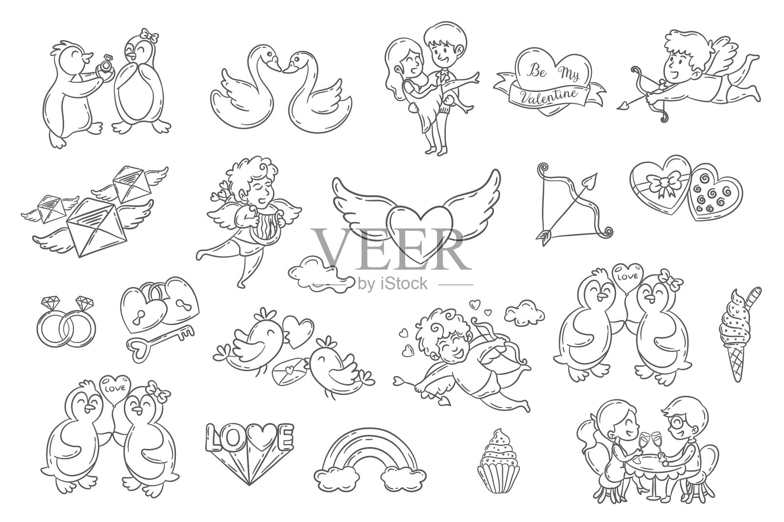 设置可爱的情人节涂鸦元素图标素材