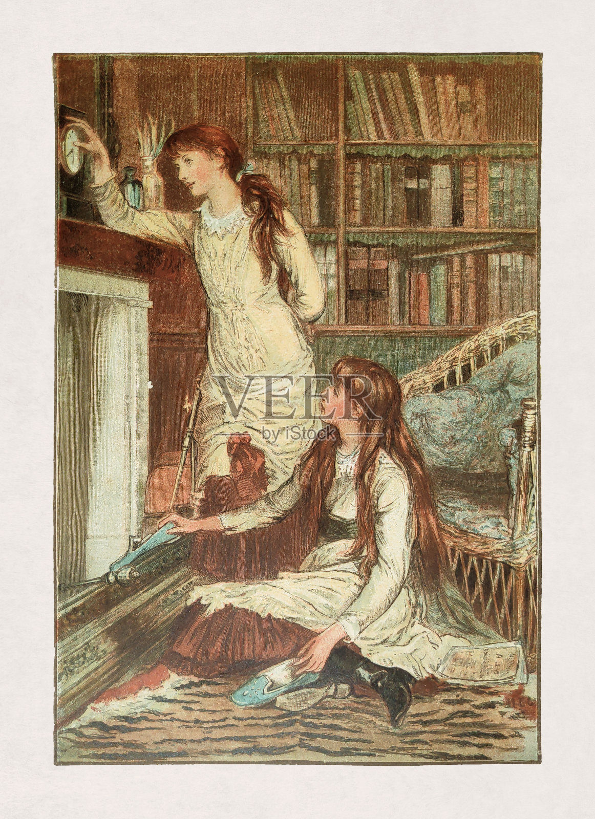 两个女孩等在烟囱旁的插图插画图片素材