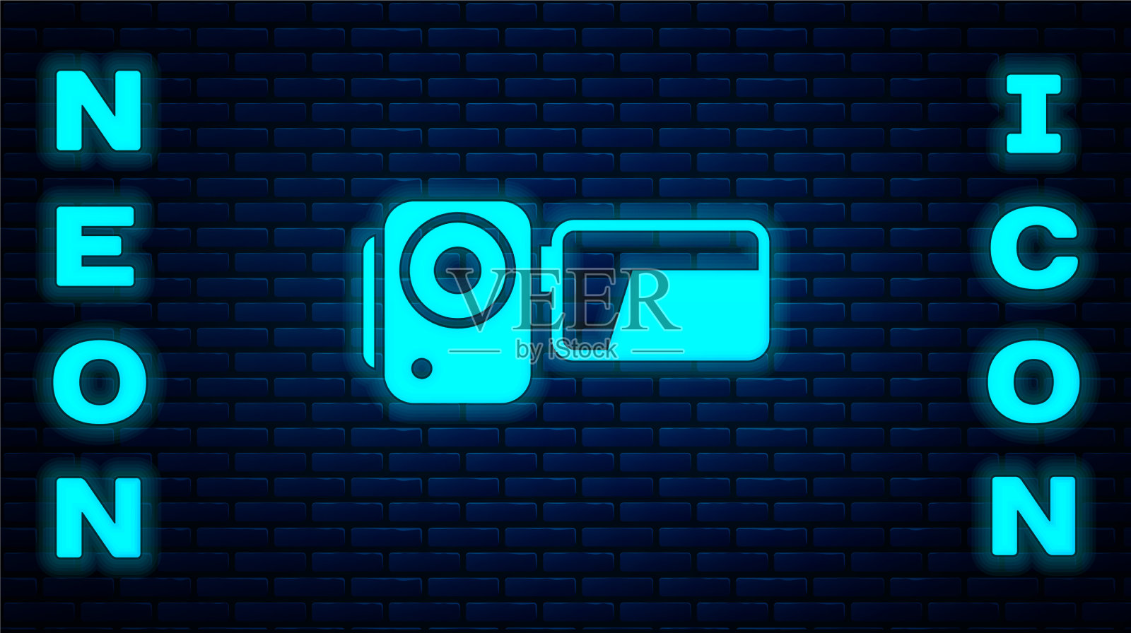 发光的霓虹灯电影摄像机图标孤立在砖块上插画图片素材