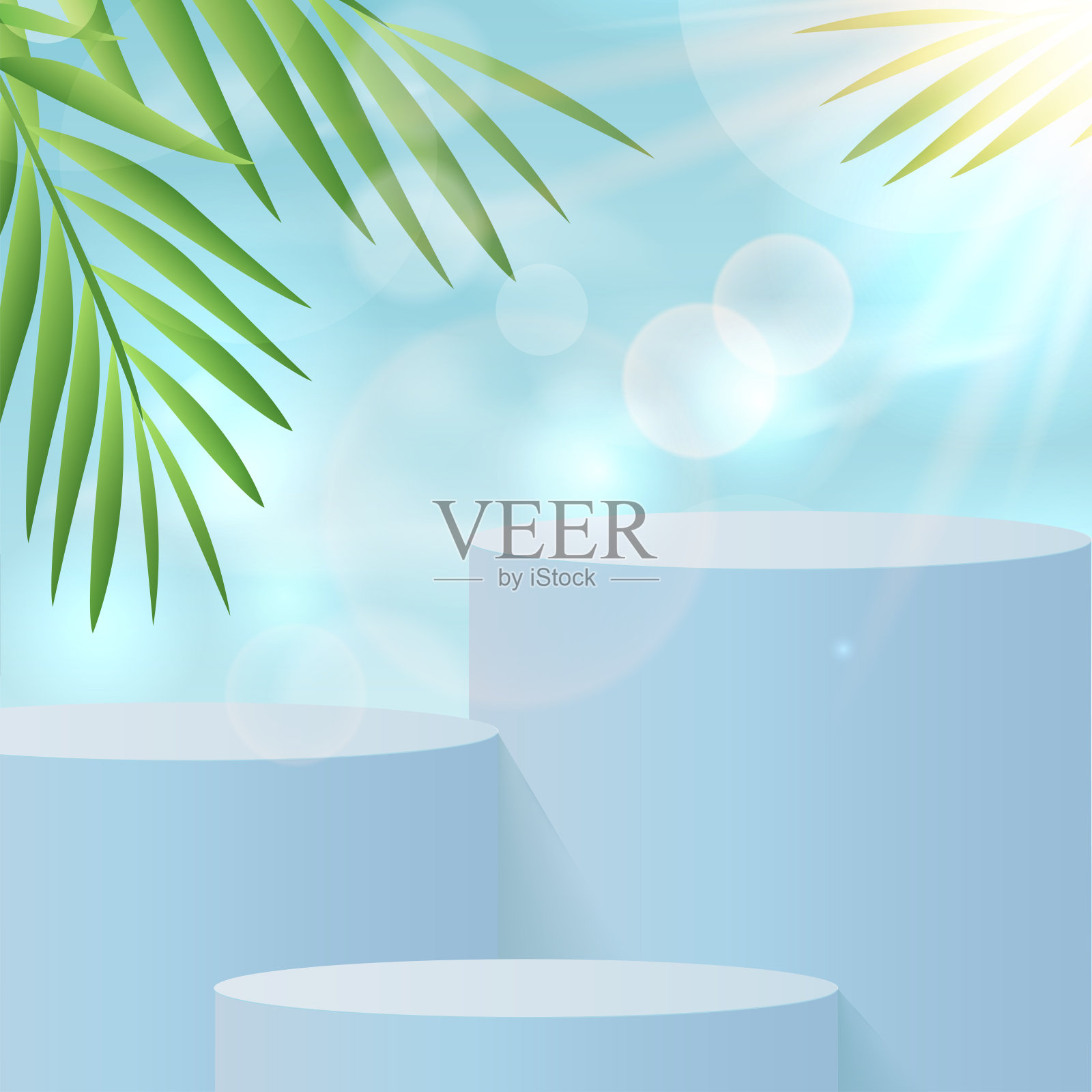 背景矢量3d蓝色渲染裙和最小的蓝色夏季场景与云天空，最小抽象背景3d渲染几何形状蓝色粉彩。化妆舞台插画图片素材