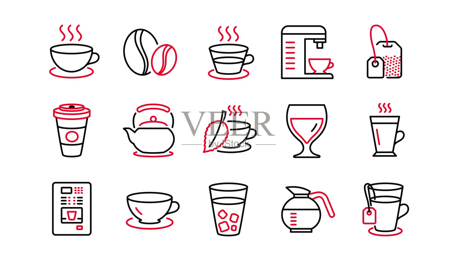 咖啡和茶系列图标。卡布奇诺，茶壶和咖啡壶。线性的图标集。向量图标素材