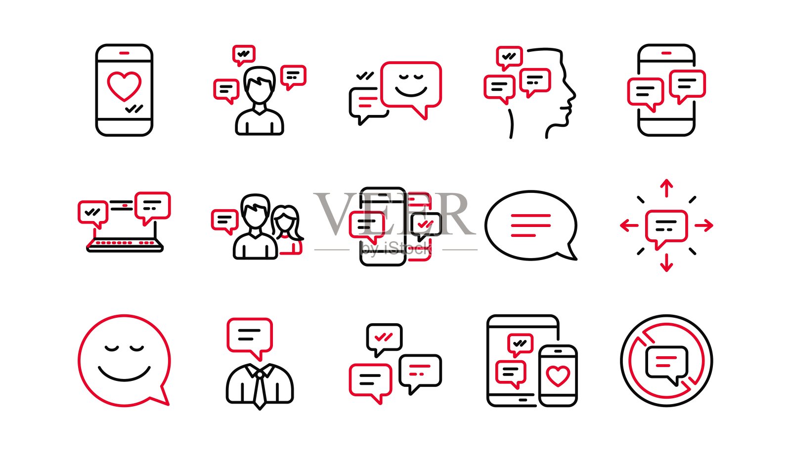 消息和通信图标。群聊，语音泡泡和短信。线性的图标集。向量图标素材