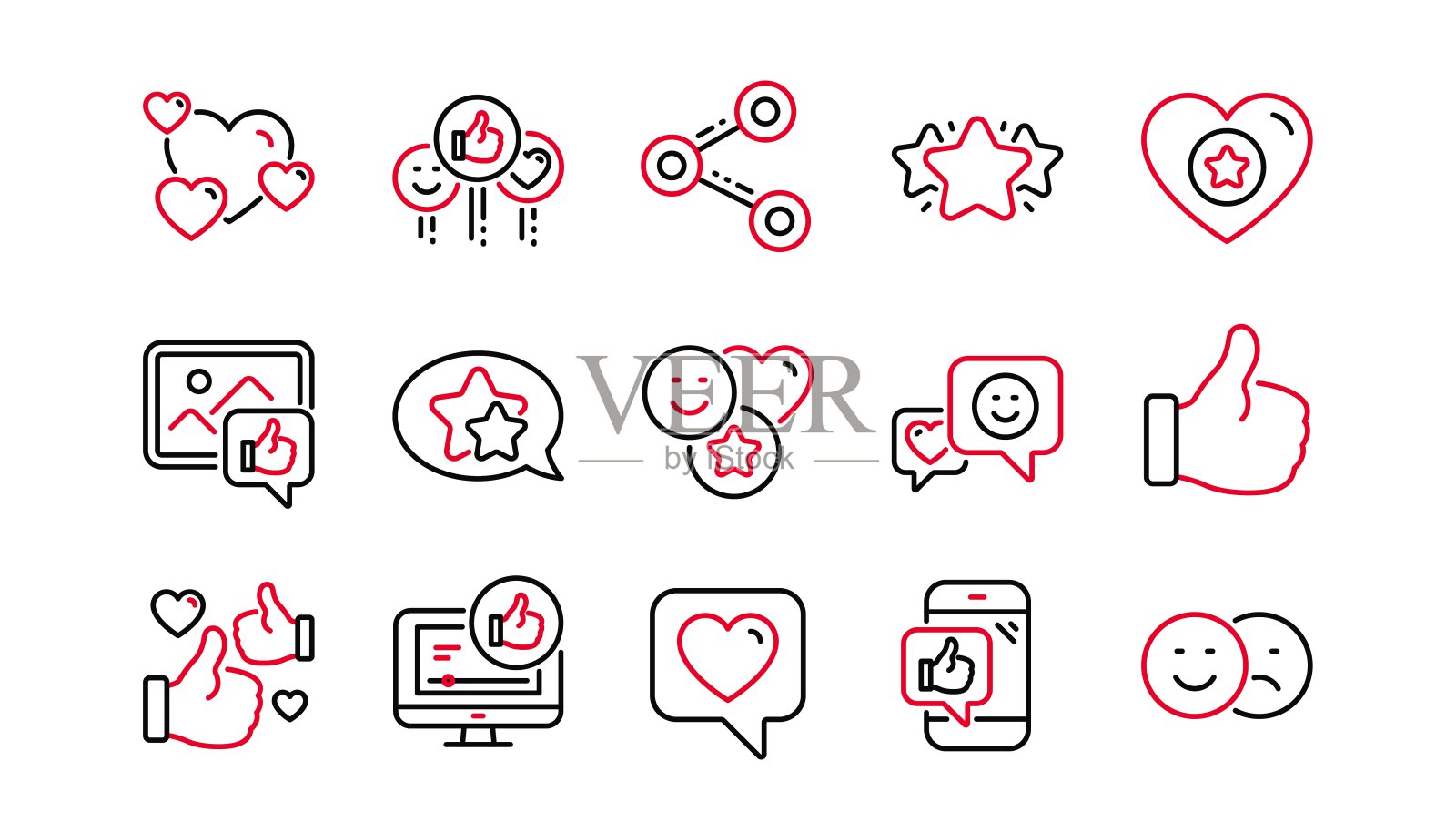 社交媒体产品线图标。分享网络，喜欢点赞和评价。线性的图标集。向量图标素材