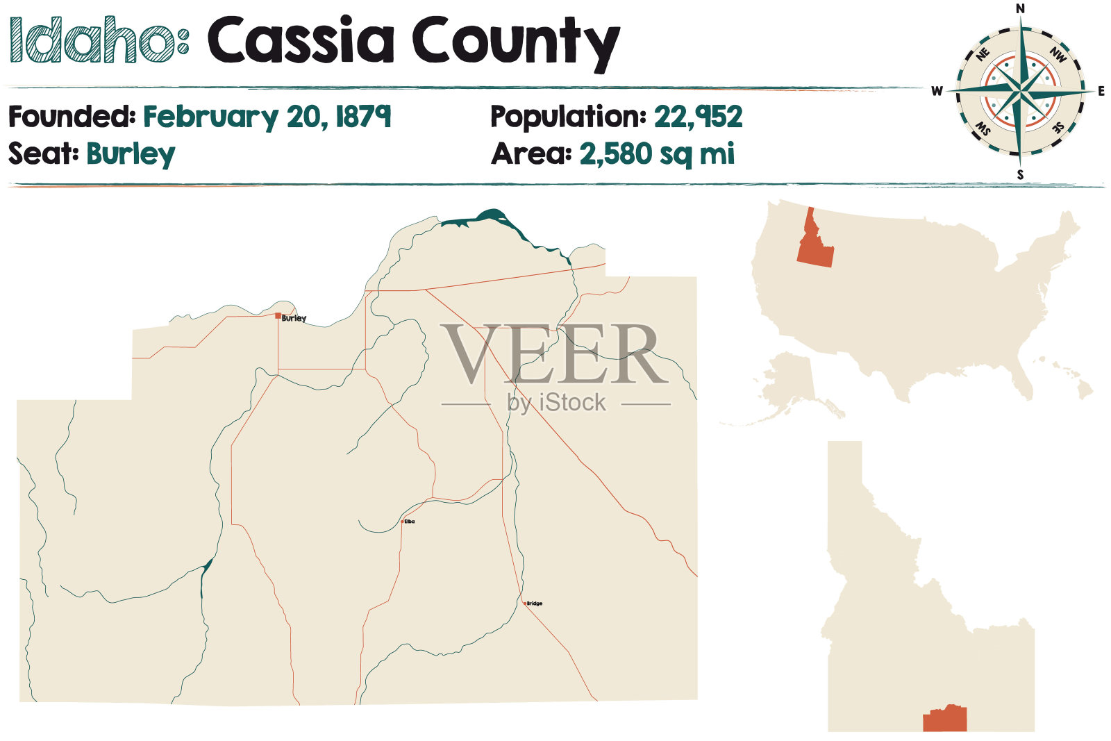 爱达荷州卡西亚县地图插画图片素材