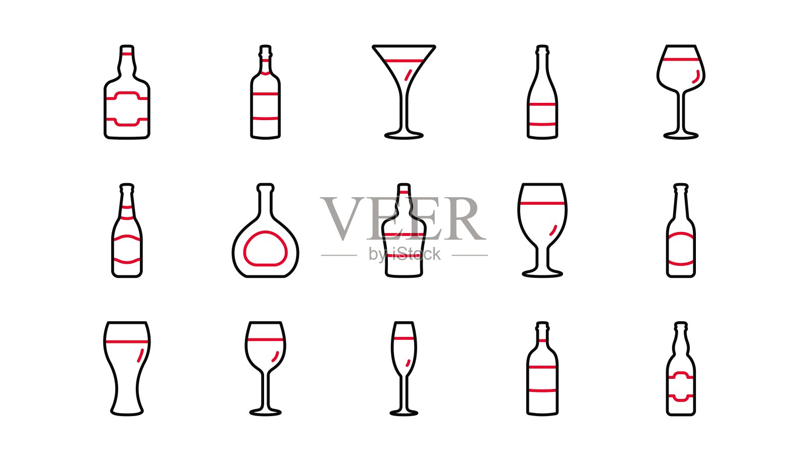瓶线图标。啤酒饮料，葡萄酒杯和威士忌酒瓶。线性的图标集。向量图标素材