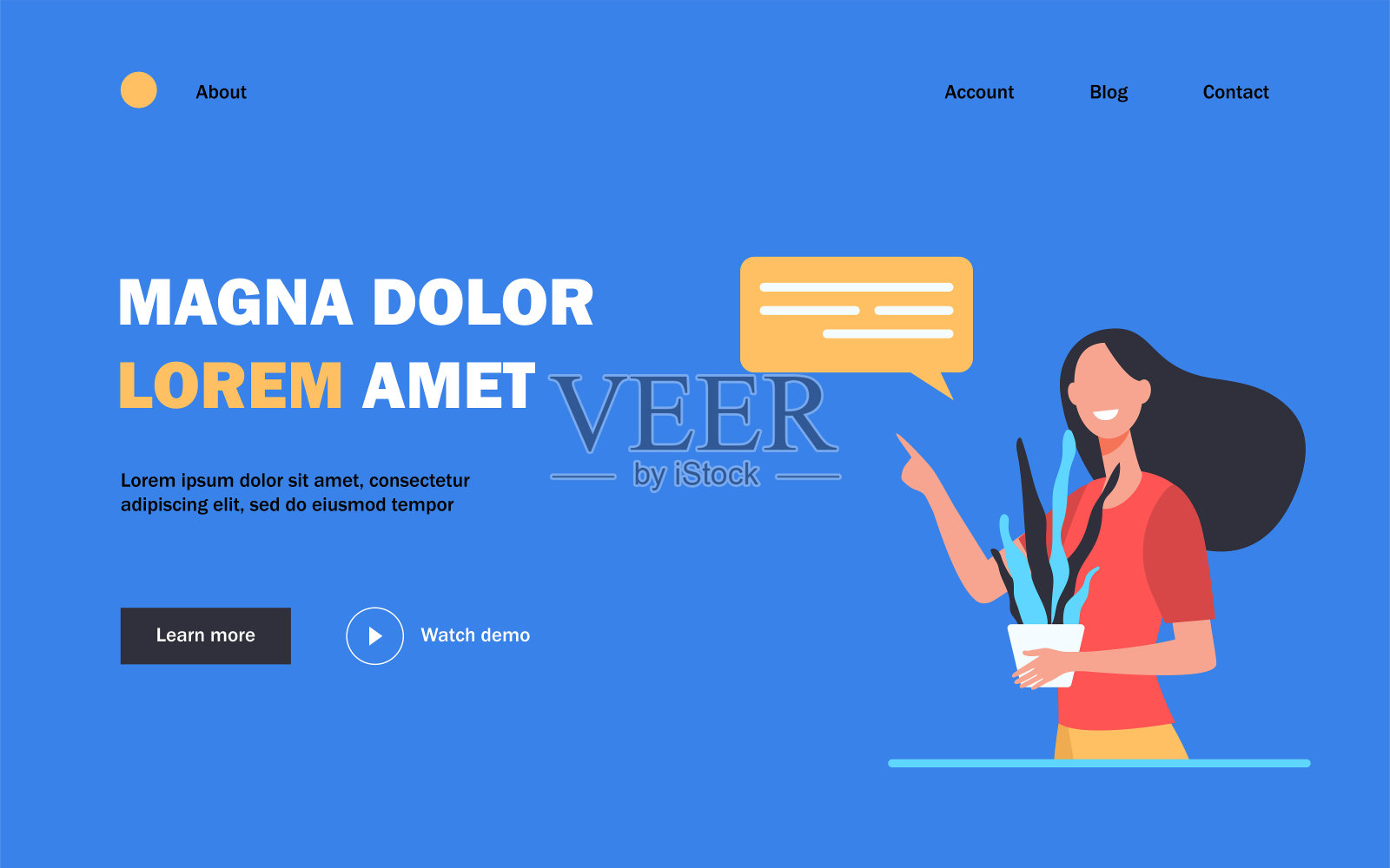 快乐的女人拿着室内植物说话插画图片素材