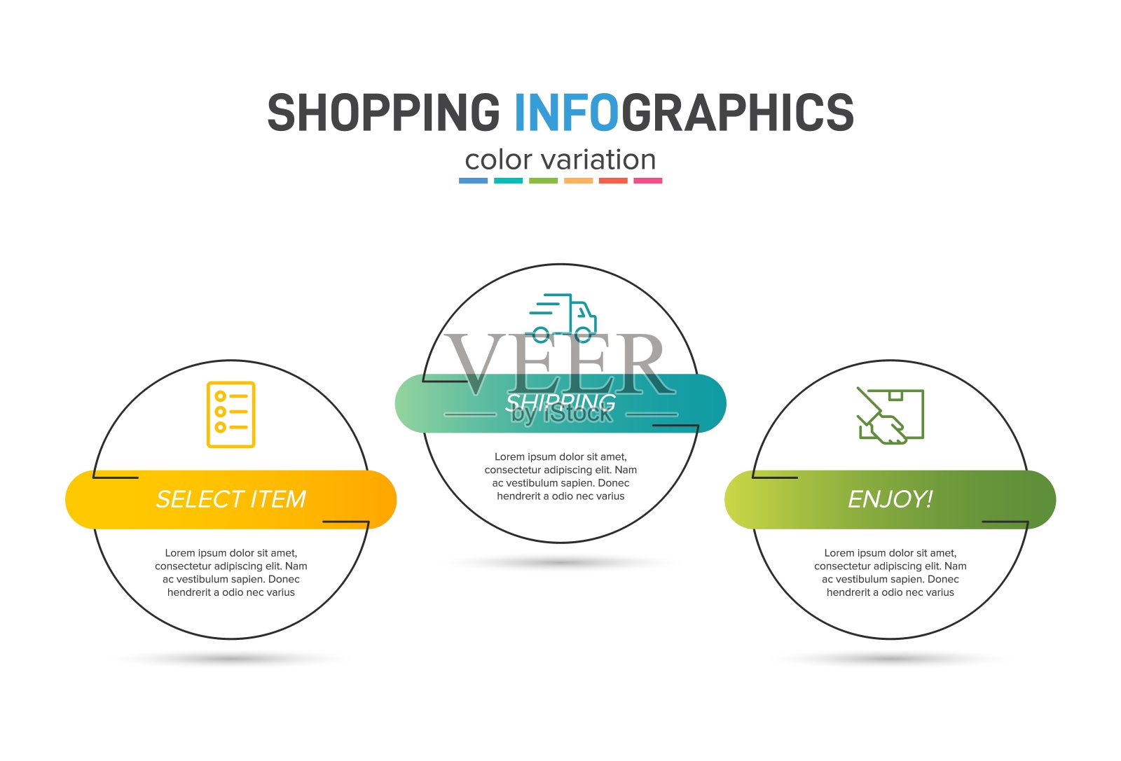 购物过程的概念有三个连续的步骤。三个色彩丰富的图形元素。时间轴设计的小册子，介绍，网站。信息图表设计布局。插画图片素材