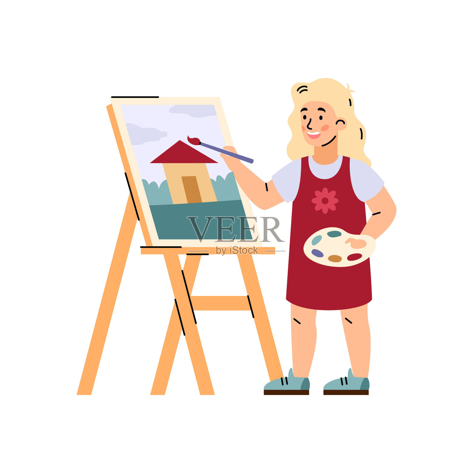 小女孩在画架上的帆布上作画，平面矢量插图孤立。插画图片素材