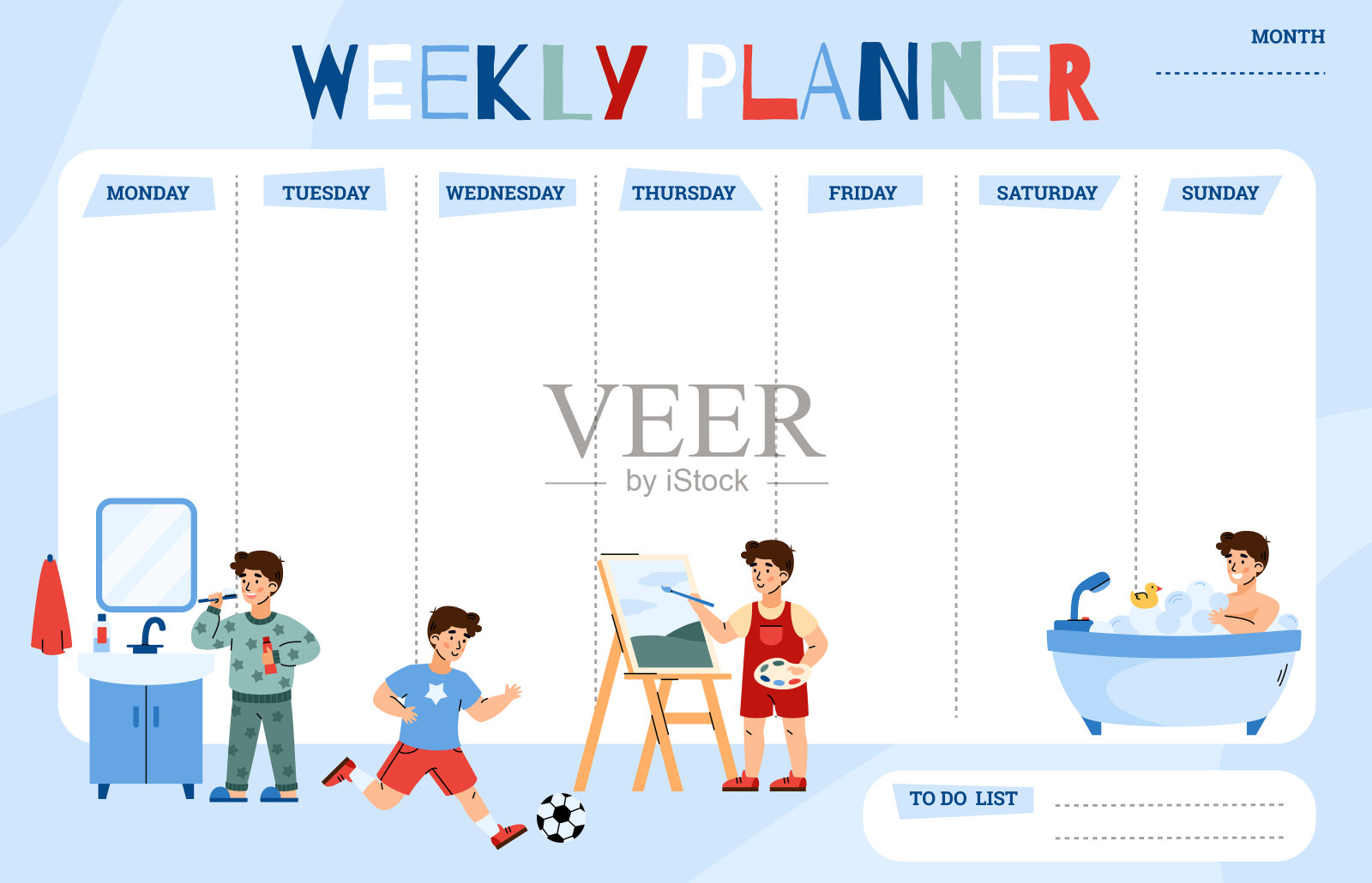 儿童每周计划或待办事项列表模板平面矢量插图。设计模板素材