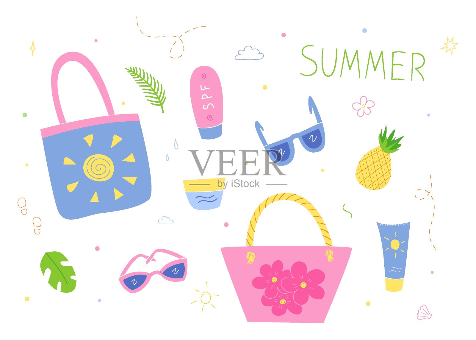 海滩。包太阳眼镜霜的紫外线保护和保湿。孤立的涂鸦风格在一个白色。插画图片素材