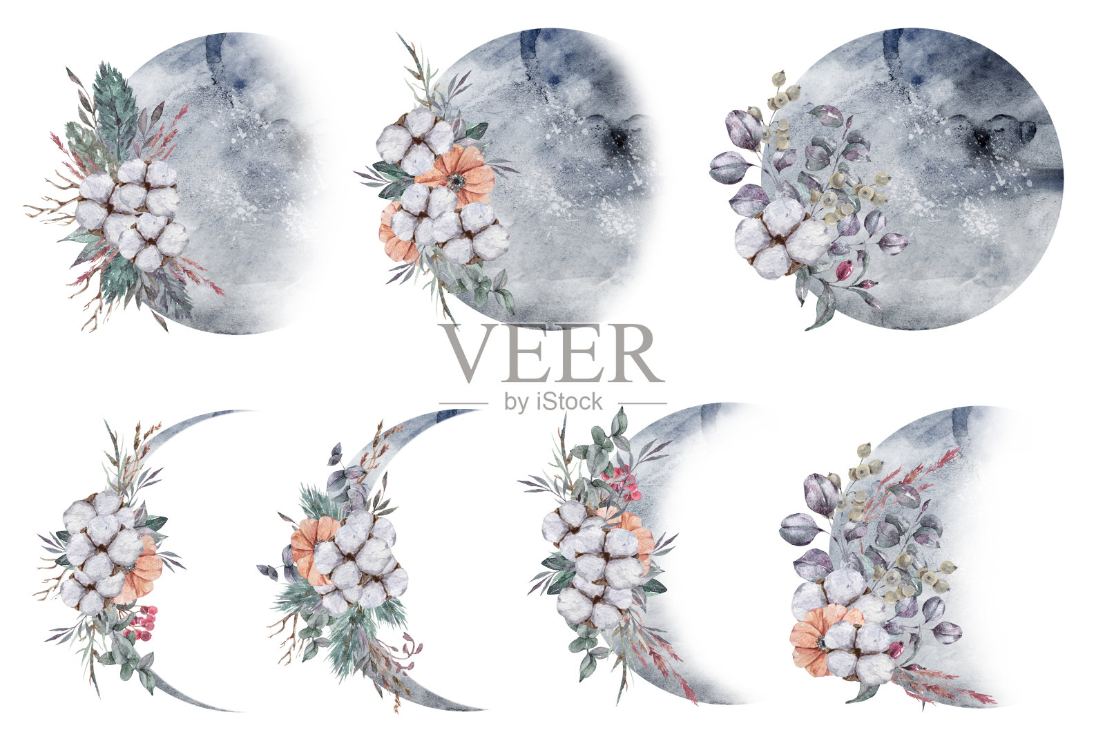 水彩手画一套月相的颜色与花，树叶，树枝在白色的背景。手绘波西米亚插画，婚礼，周年纪念，生日，请柬插画图片素材