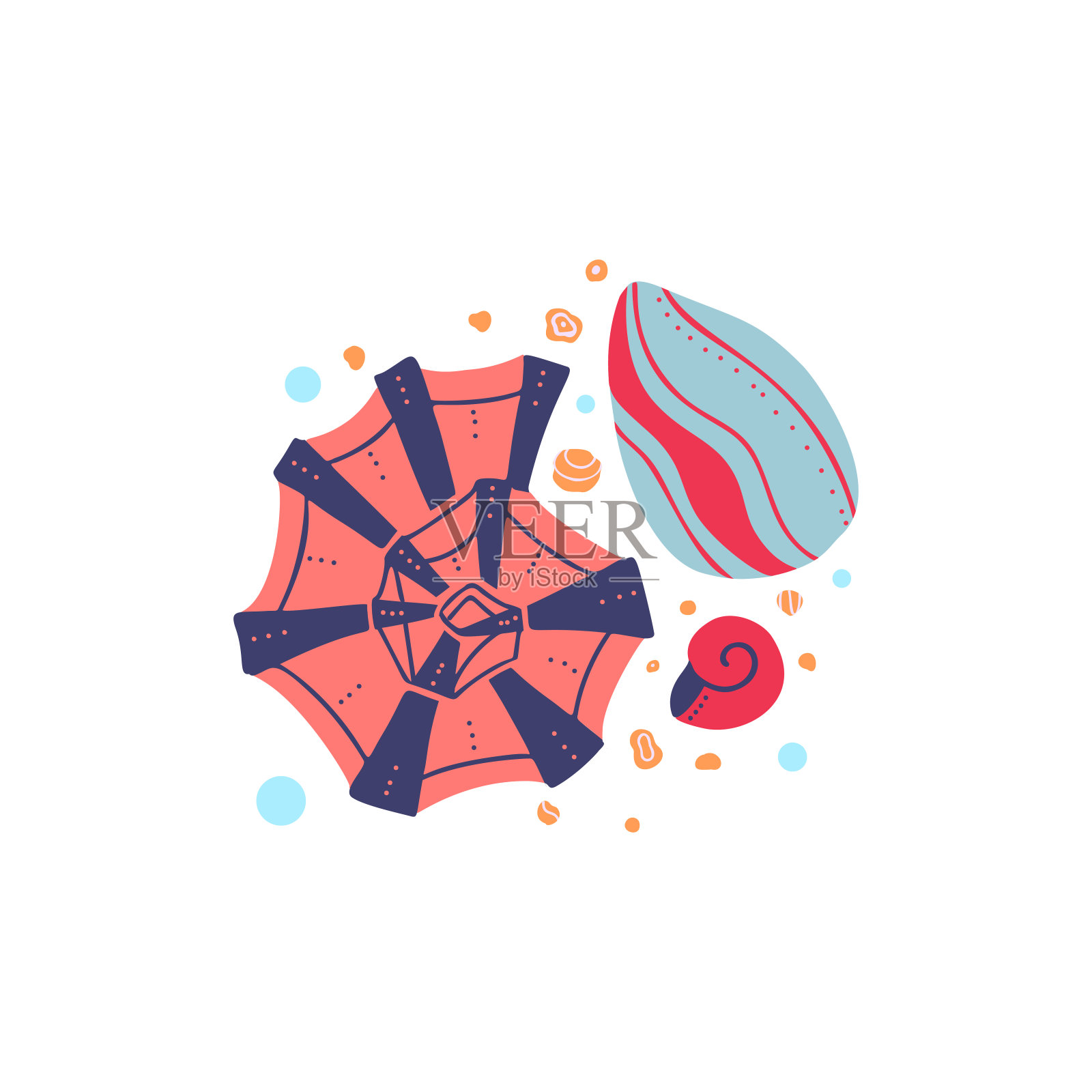 卡通插图的贝壳与沙子和泡沫在一个白色的背景。平画海洋居民与波西米亚模式。媒介软体动物，贝壳和蜗牛插画图片素材