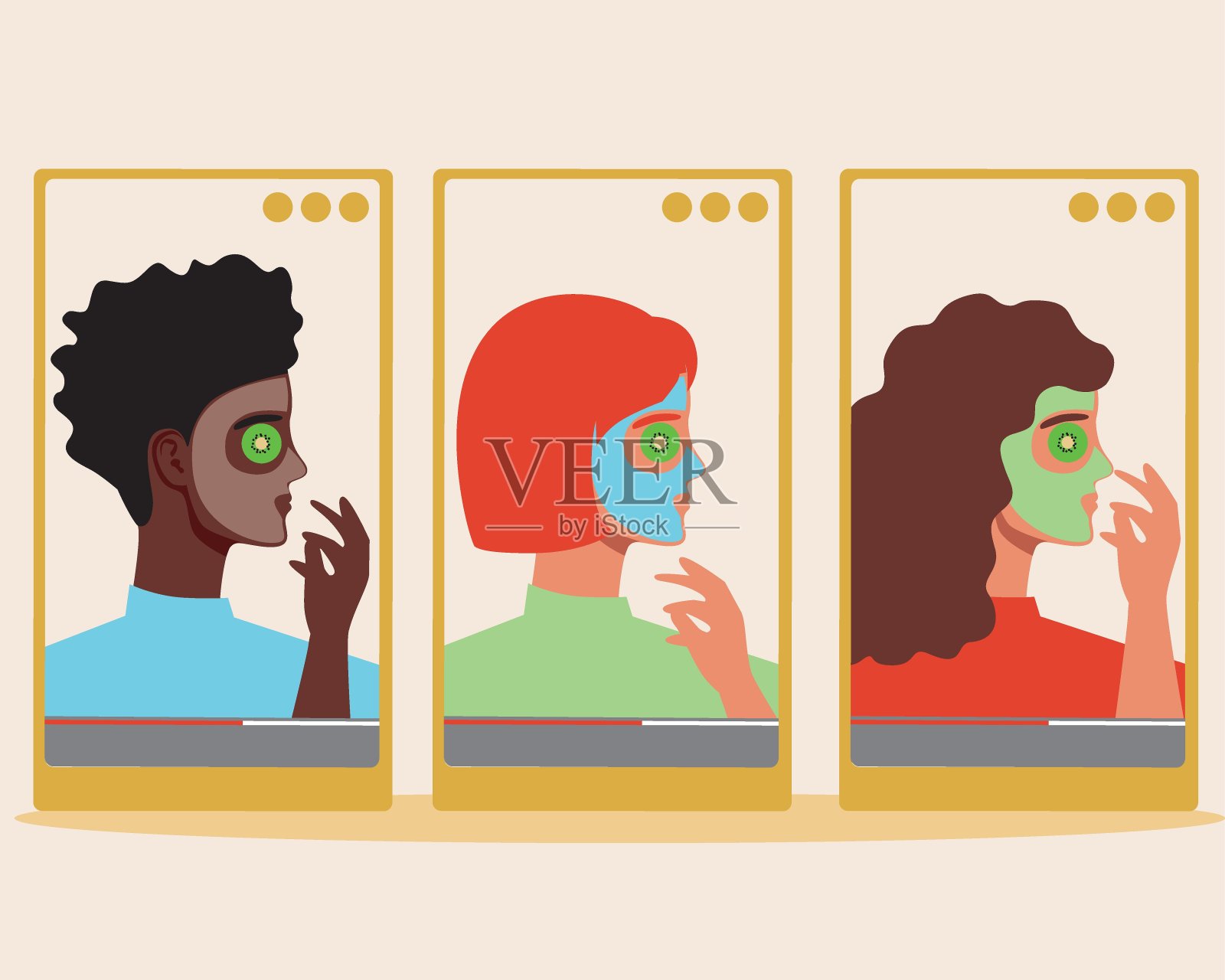 美博孤立，多种外观，平面矢量股票插图与手机，智能手机与视频供博主合作插画图片素材