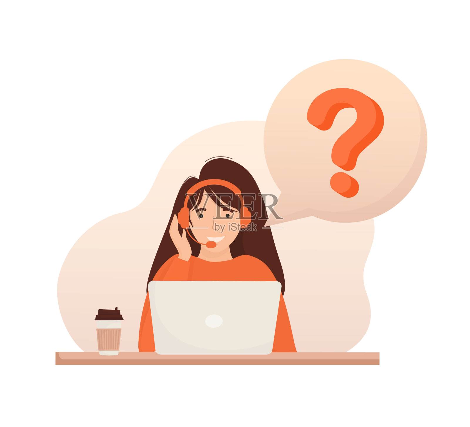 呼叫中心，热线平面矢量图。带着耳机的卡通人物微笑的办公室职员。角色与耳机和麦克风与笔记本电脑。插画图片素材