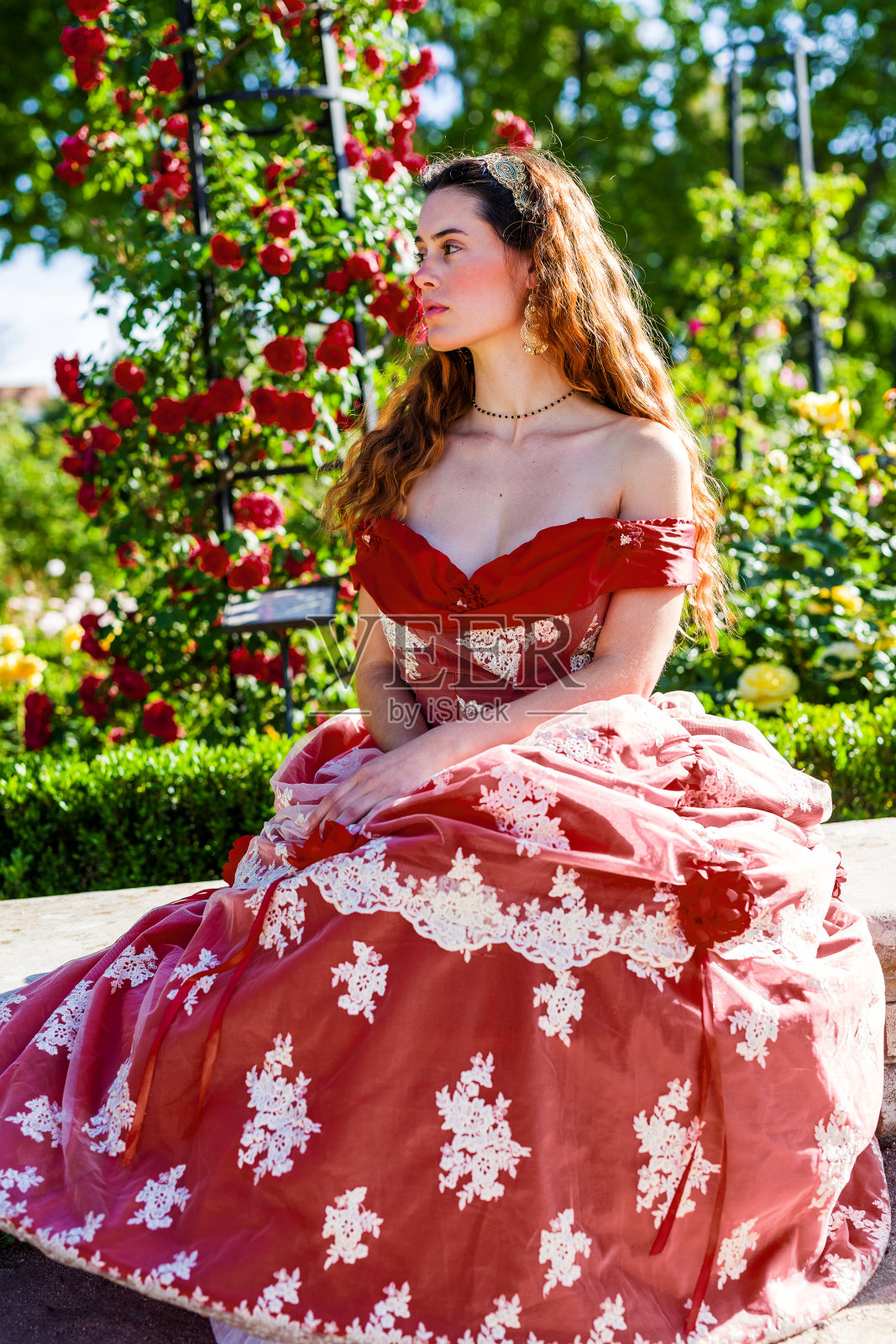 19世纪穿着红色连衣裙摆姿势的维多利亚妇女照片摄影图片