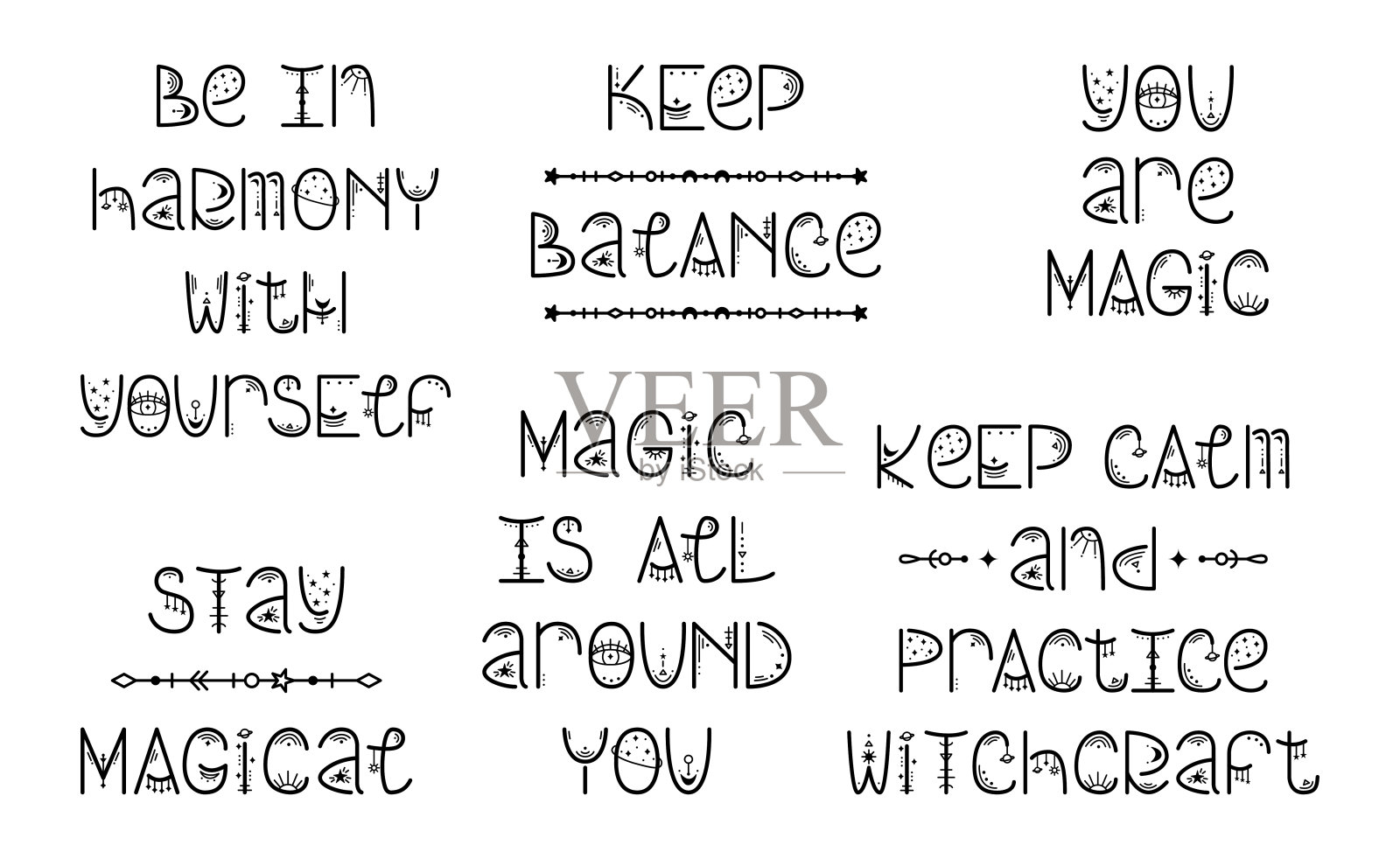 一套神秘的占星术短语。神奇的文字设计元素图片