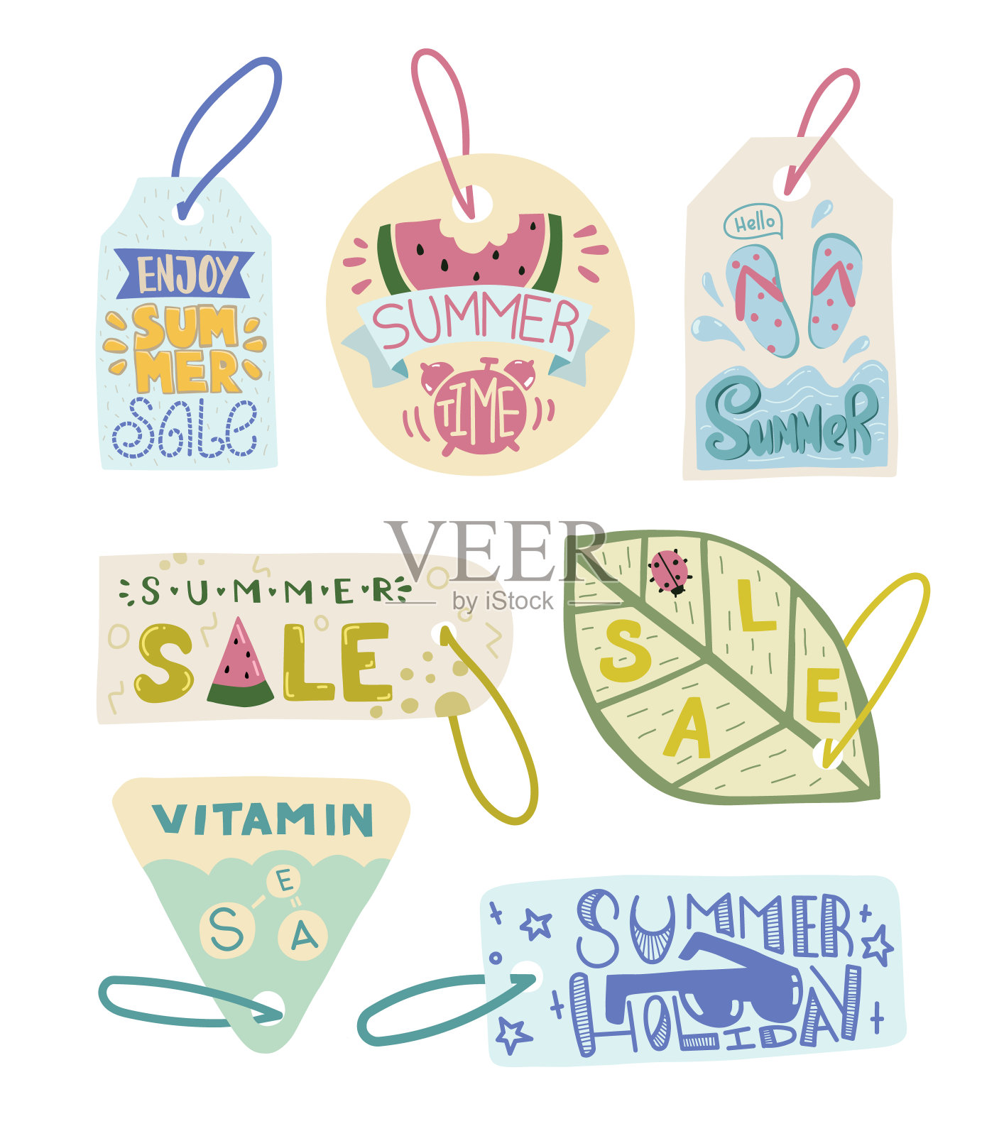 夏天出售标签。喜欢夏天的标签。把夏天和假期标上。标签推广。涂鸦插图明信片和零售。设计元素图片