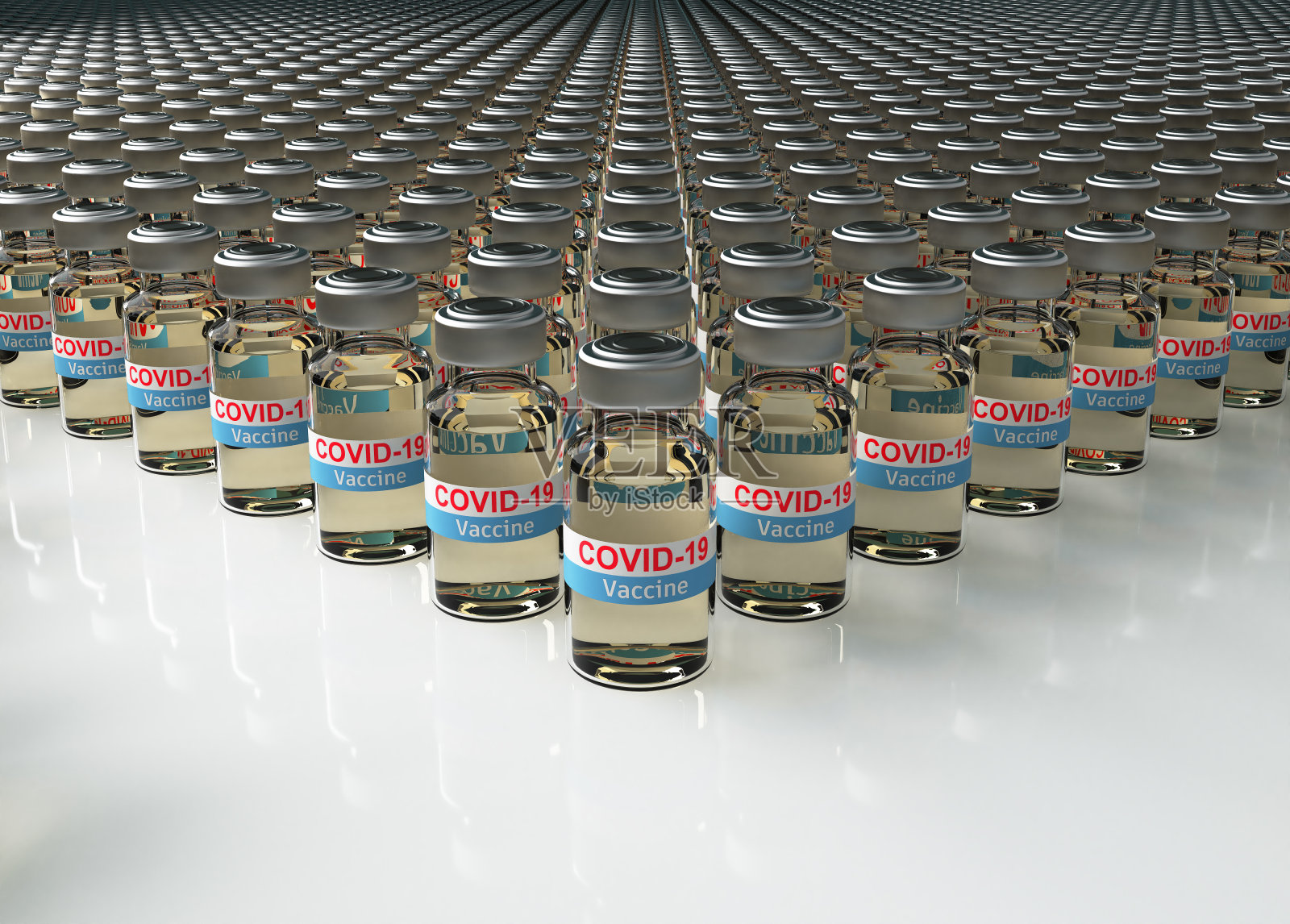 大量的疫苗瓶排成一排。特写细节的瓶子3d渲染照片摄影图片