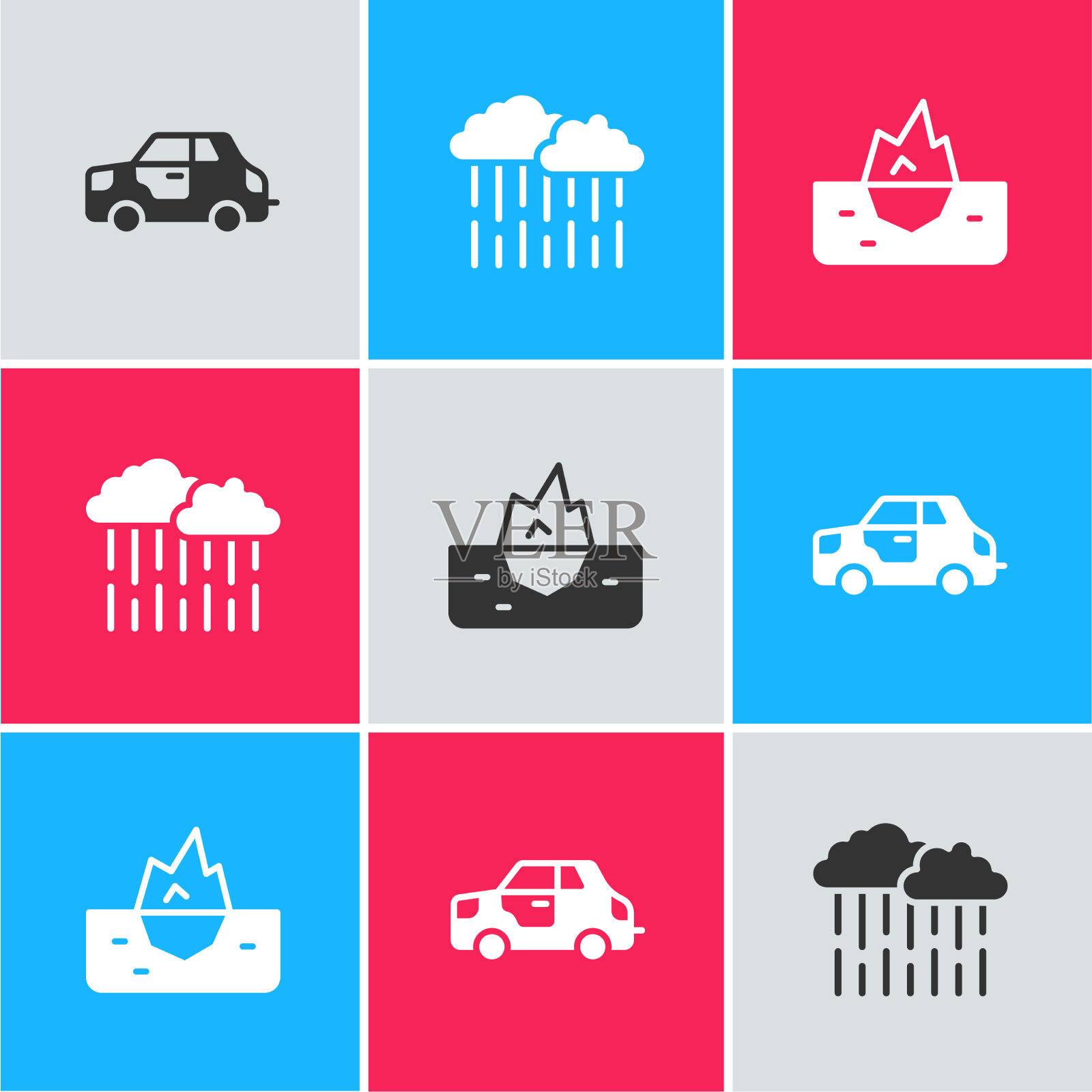 设置汽车云与雨和冰山图标图标素材