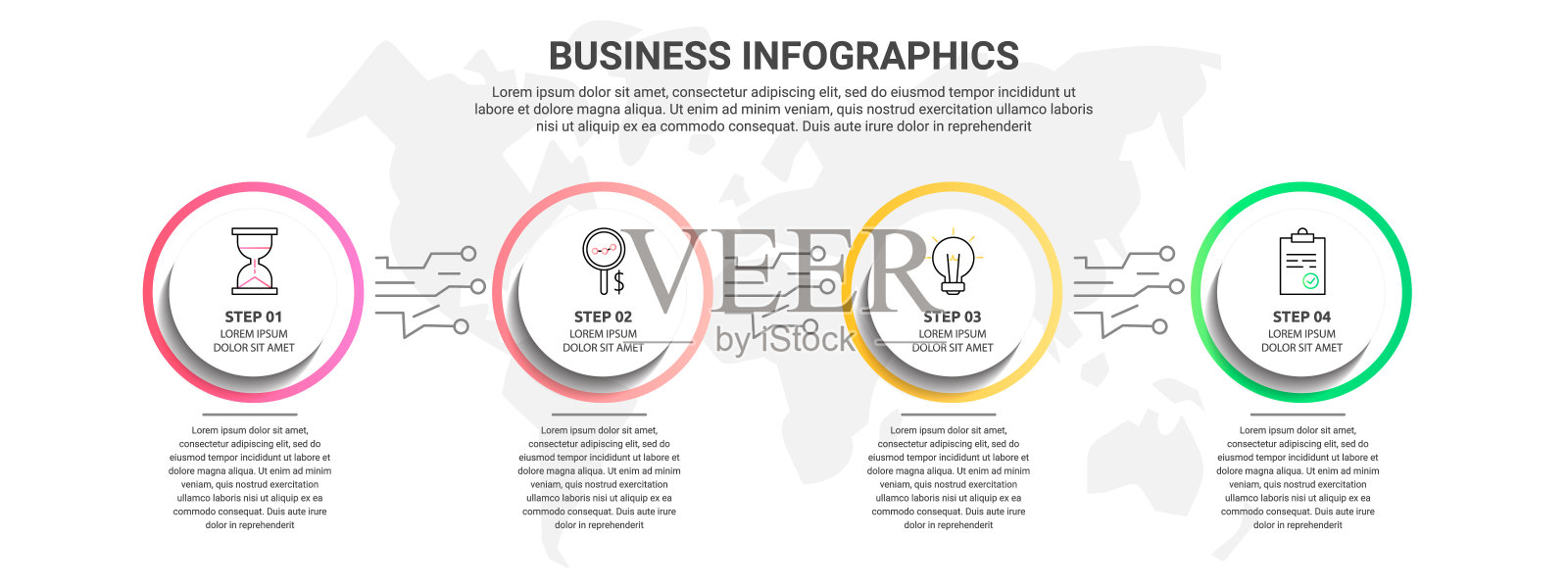 矢量信息图四个圆。经营理念四步，选项。信息图模板的图表，业务，网络，横幅，演示，流程图，内容，水平，图表插画图片素材