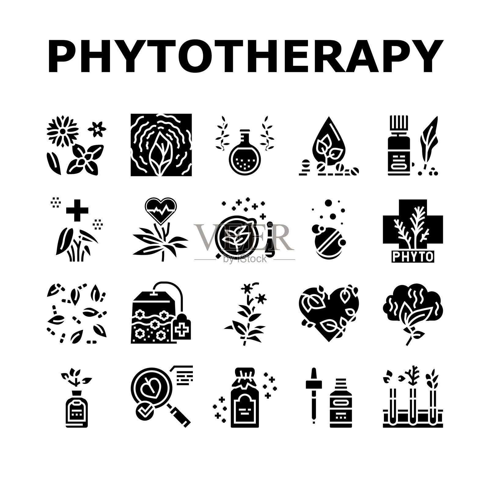 植物治疗治疗集合图标设置矢量插画图片素材