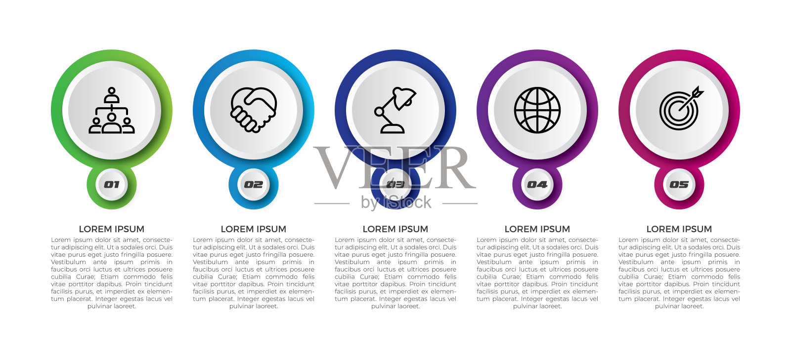 最小时间线圆信息图形模板5个选项或步骤。在白色背景上隔离插画图片素材