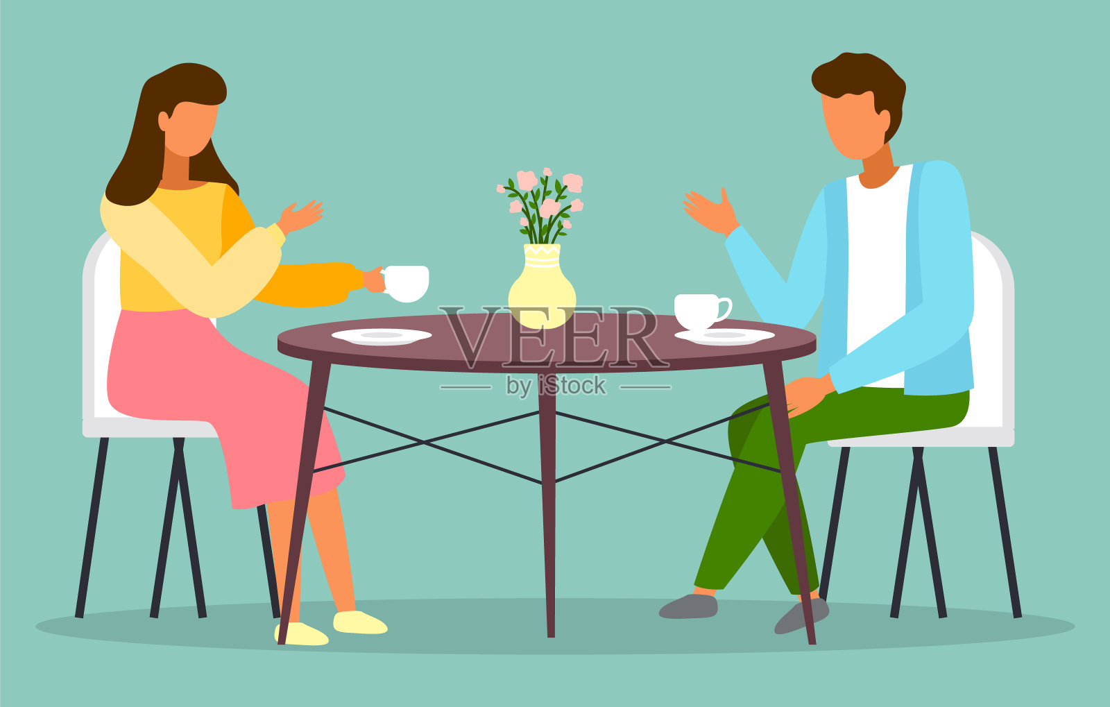两个朋友坐在餐桌旁吃午餐或晚餐，一对男女在聊天，交流插画图片素材