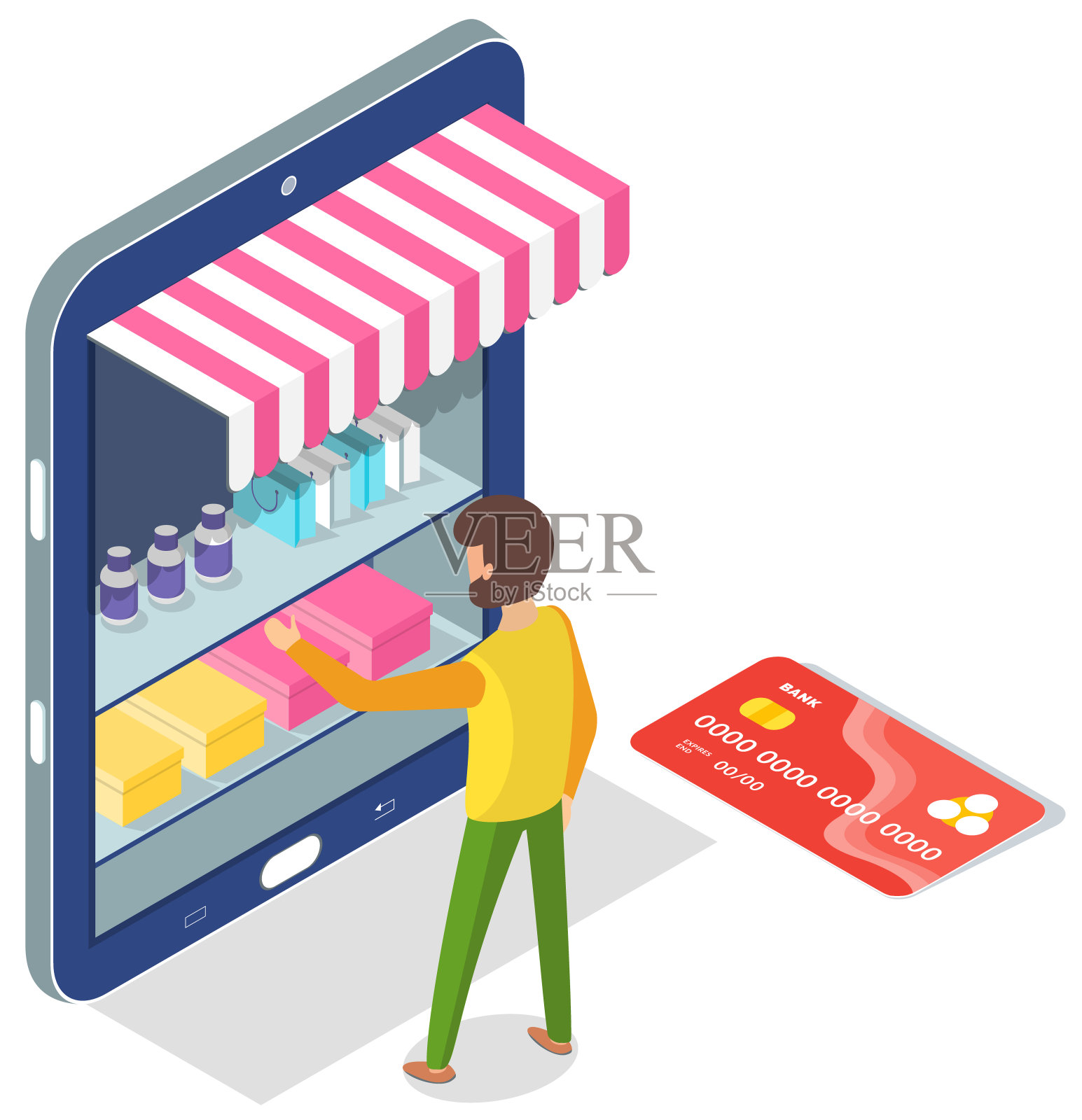 手机上的网上购物概念。智能手机的屏幕起到了计数器的作用插画图片素材