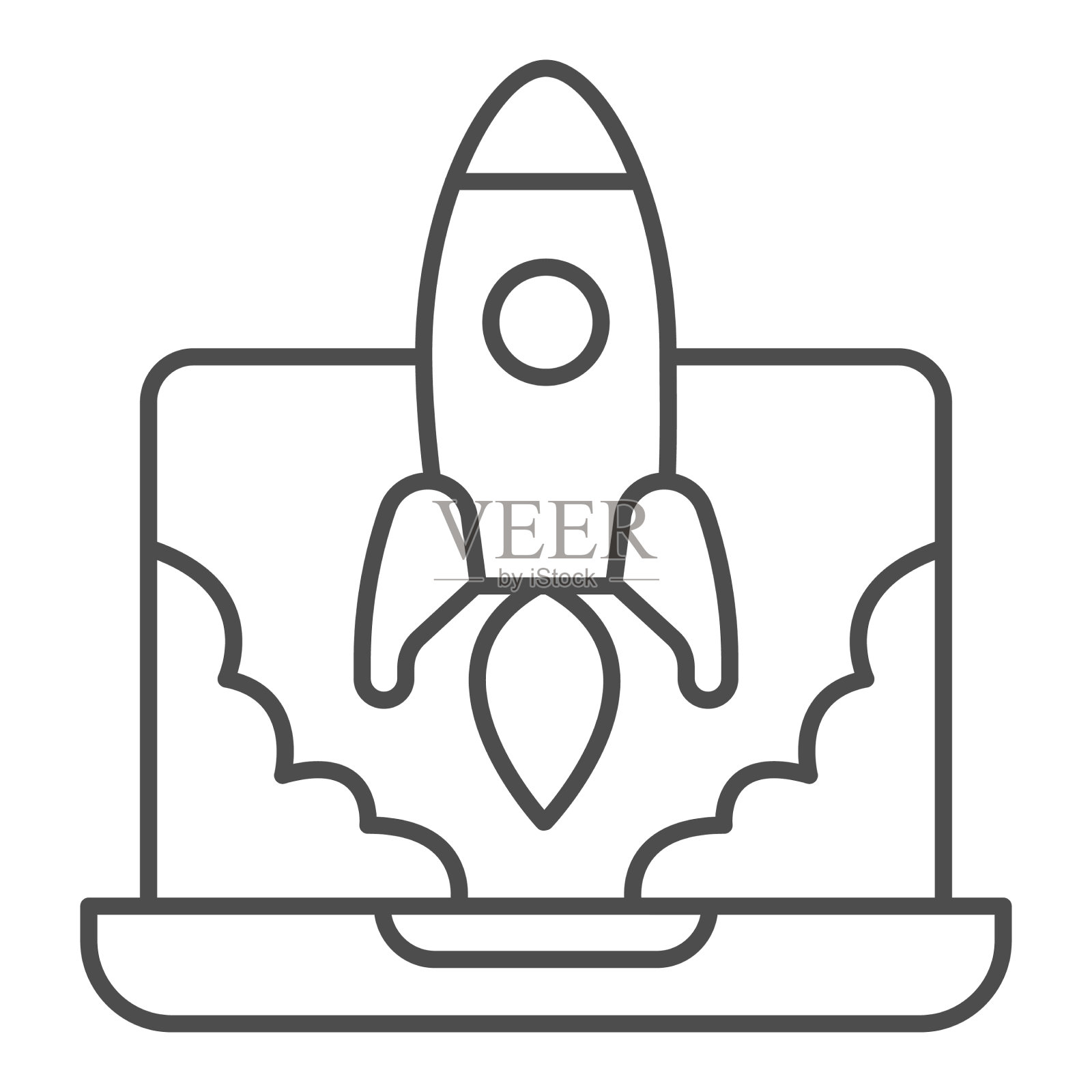 笔记本电脑和火箭发射细线图标启动插画图片素材