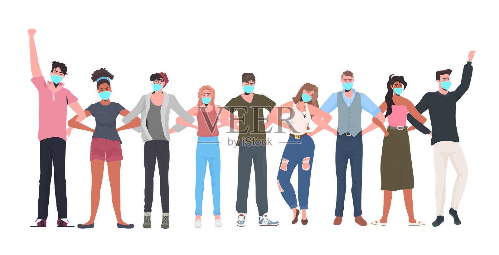 不同种族的人们戴着面具站在一起设计元素图片