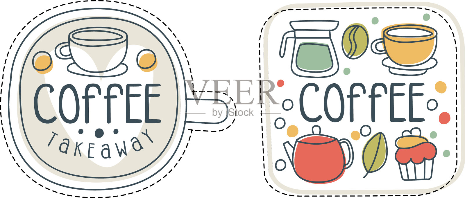 外卖咖啡手绘标签套茶吧插画图片素材