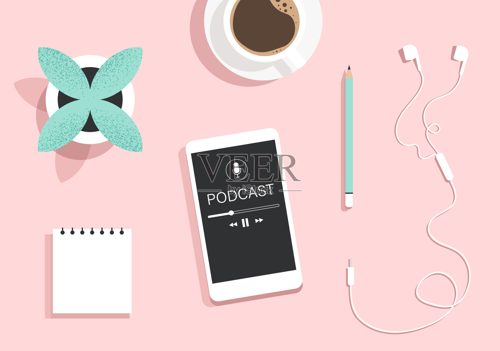 播客概念。手机俯视图，屏幕上有一个用于听播客的应用程序，咖啡，耳机，笔记本，铅笔。在线有声读物，广播，音频。插画图片素材