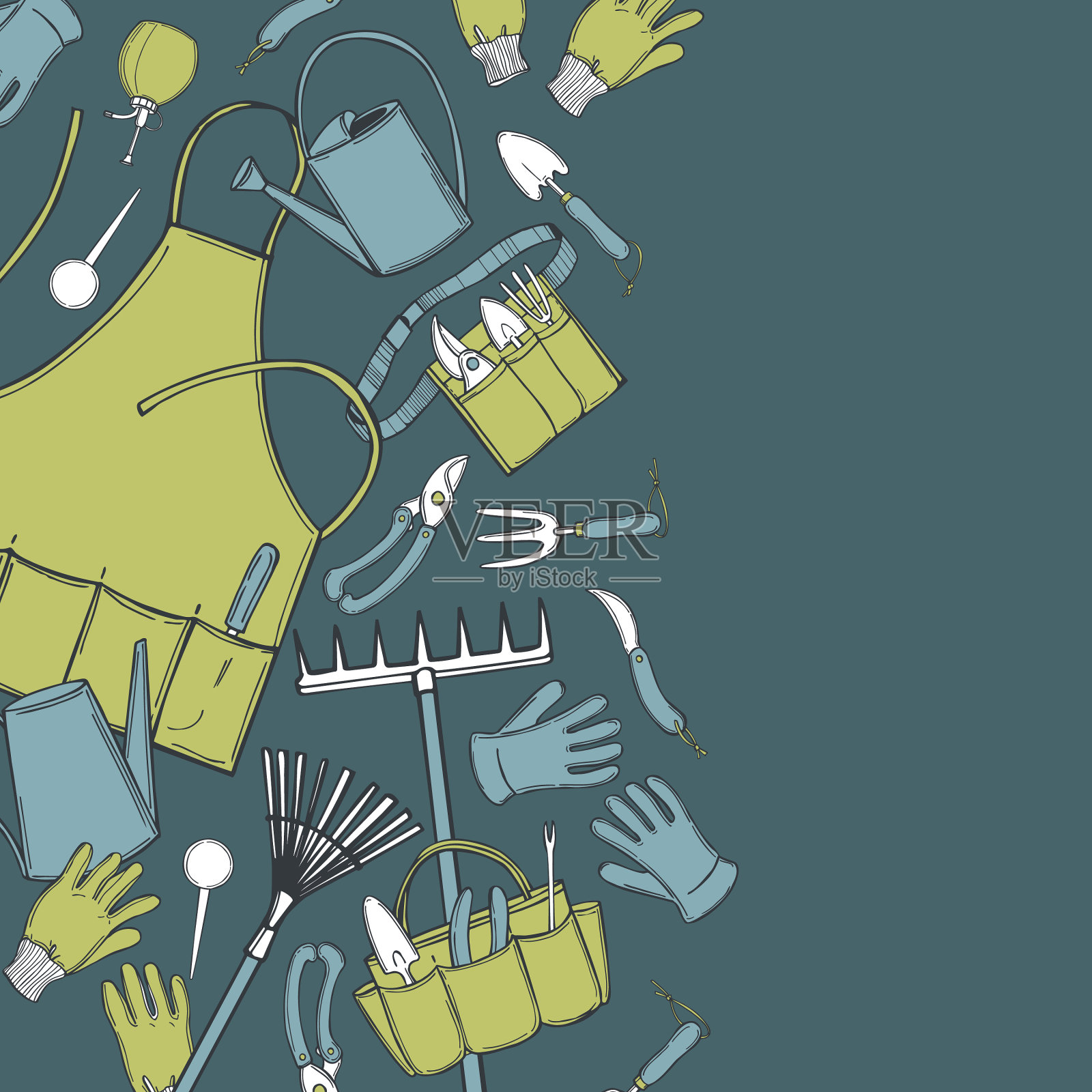 背景与手绘园艺工具草图插画图片素材