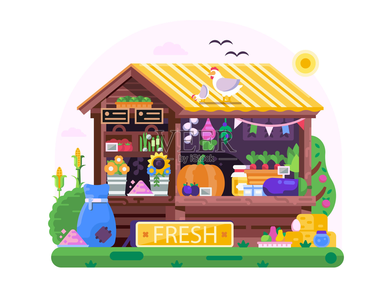 农贸市场本地档出售有机蔬菜插画图片素材