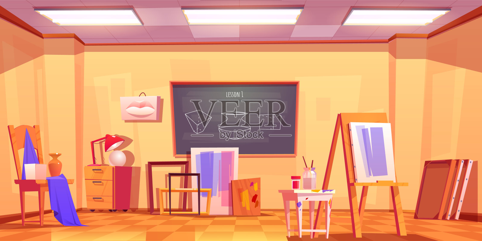 艺术教室，空旷的艺术家工作室室内，房间插画图片素材