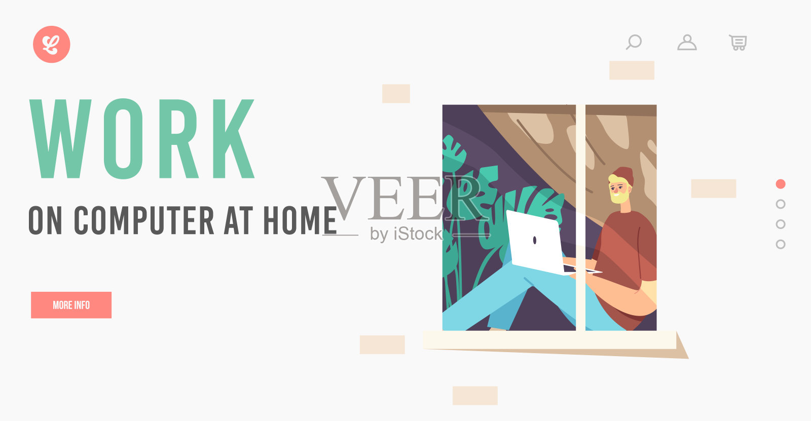 远程自由职业工作登陆页面模板。穿着潮装坐在家里的窗台边的男人自由职业者插画图片素材